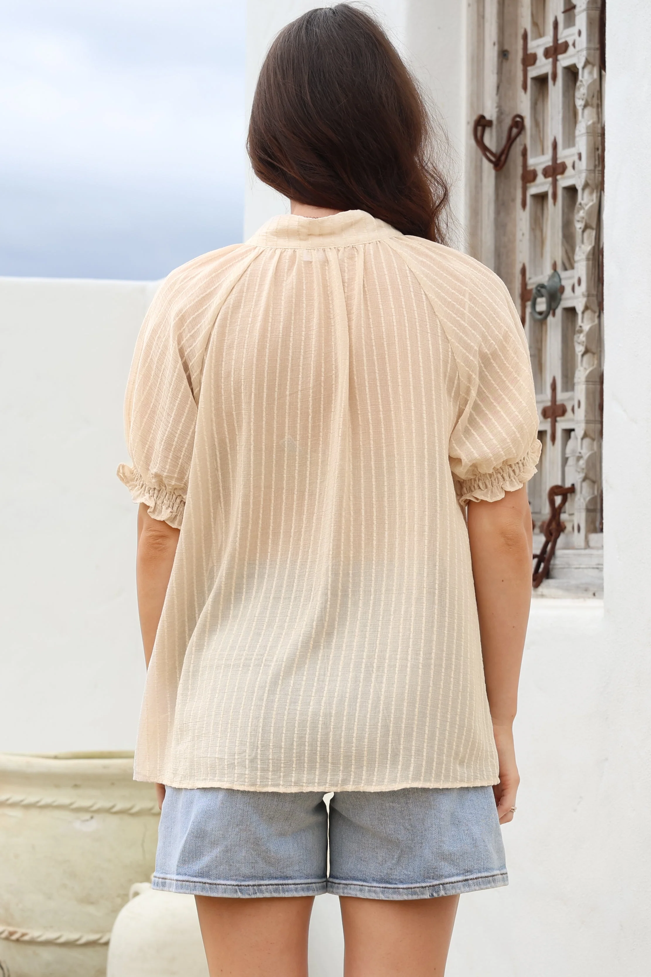 Luella Shirt - Subtle Textured Stripe Button Down with Puff Sleeves in Beige - Image 8