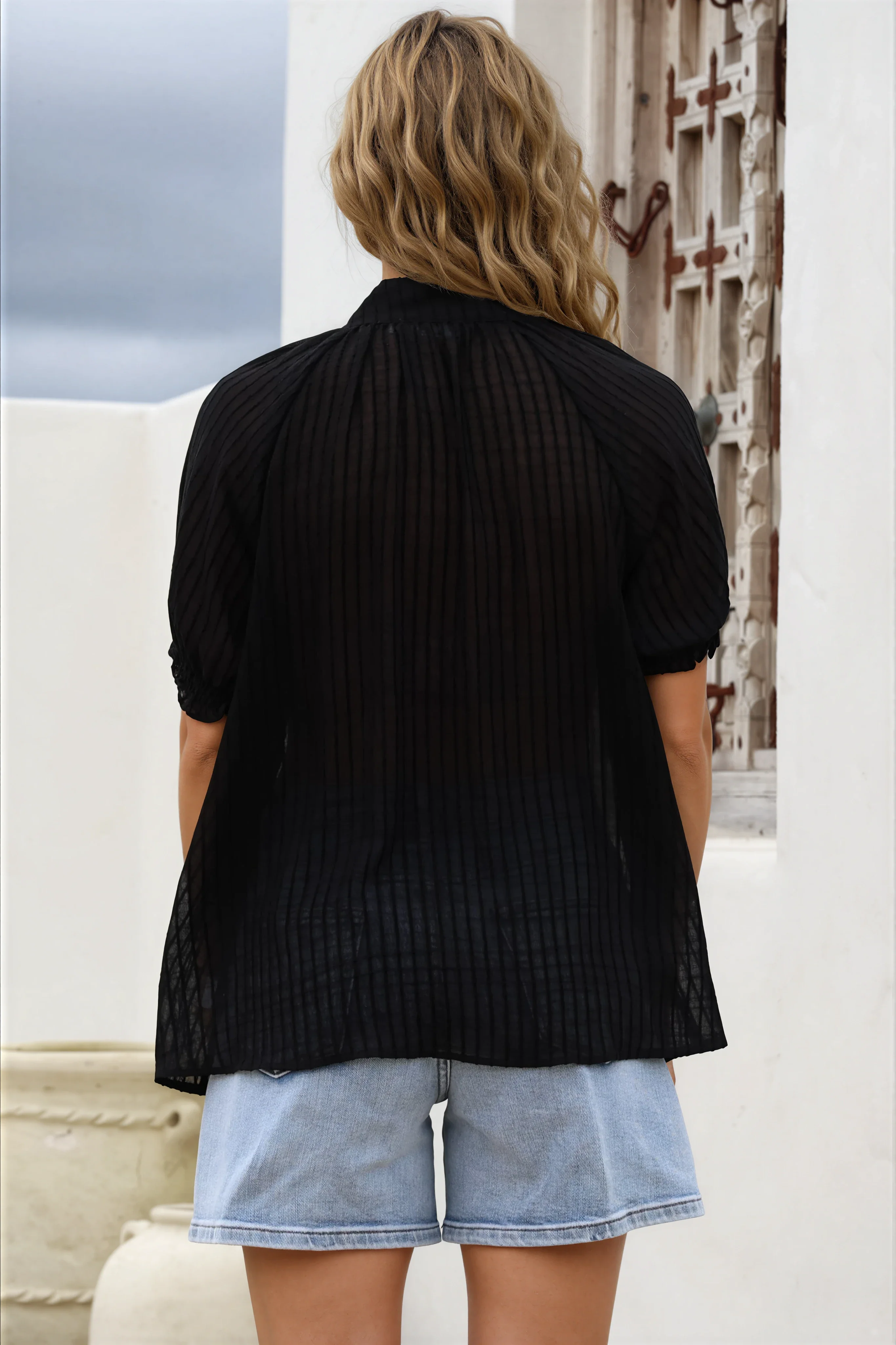Luella Shirt - Subtle Textured Stripe Button Down with Puff Sleeves in Black - Image 6
