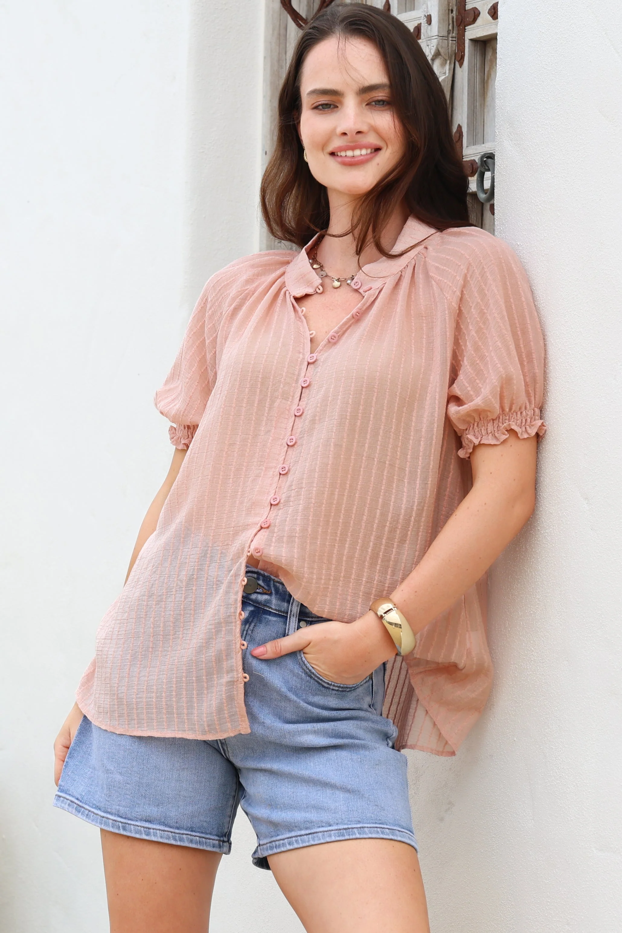 Luella Shirt - Subtle Textured Stripe Button Down with Puff Sleeves in Pink