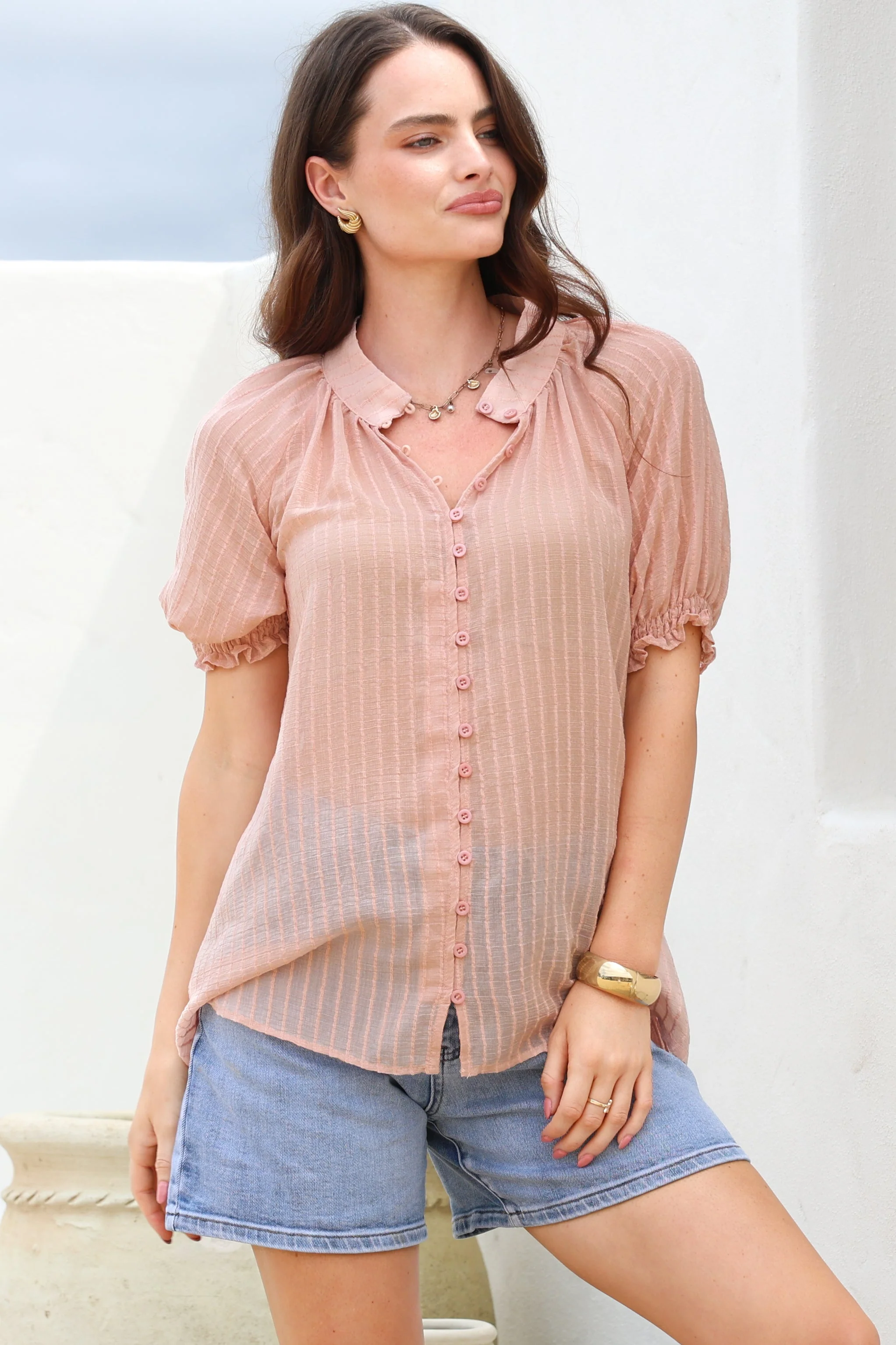 Luella Shirt - Subtle Textured Stripe Button Down with Puff Sleeves in Pink - Image 4