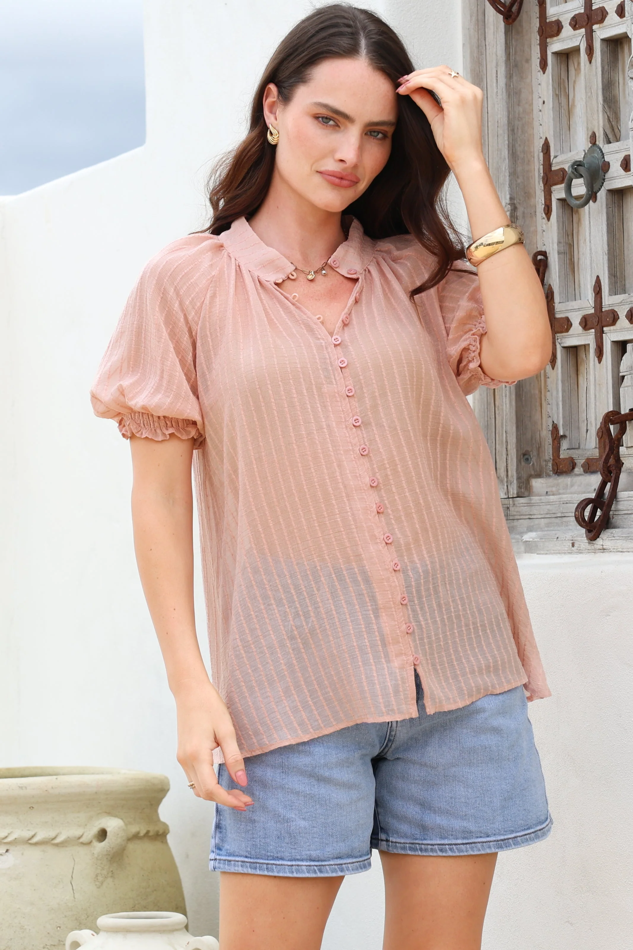Luella Shirt - Subtle Textured Stripe Button Down with Puff Sleeves in Pink - Image 5