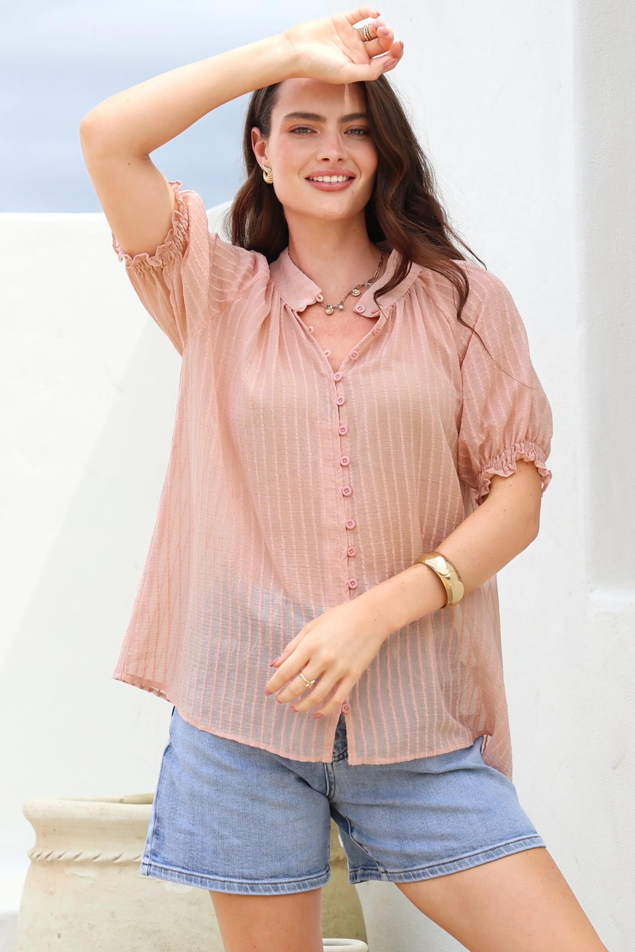 Luella Shirt - Subtle Textured Stripe Button Down with Puff Sleeves in Pink - Image 6
