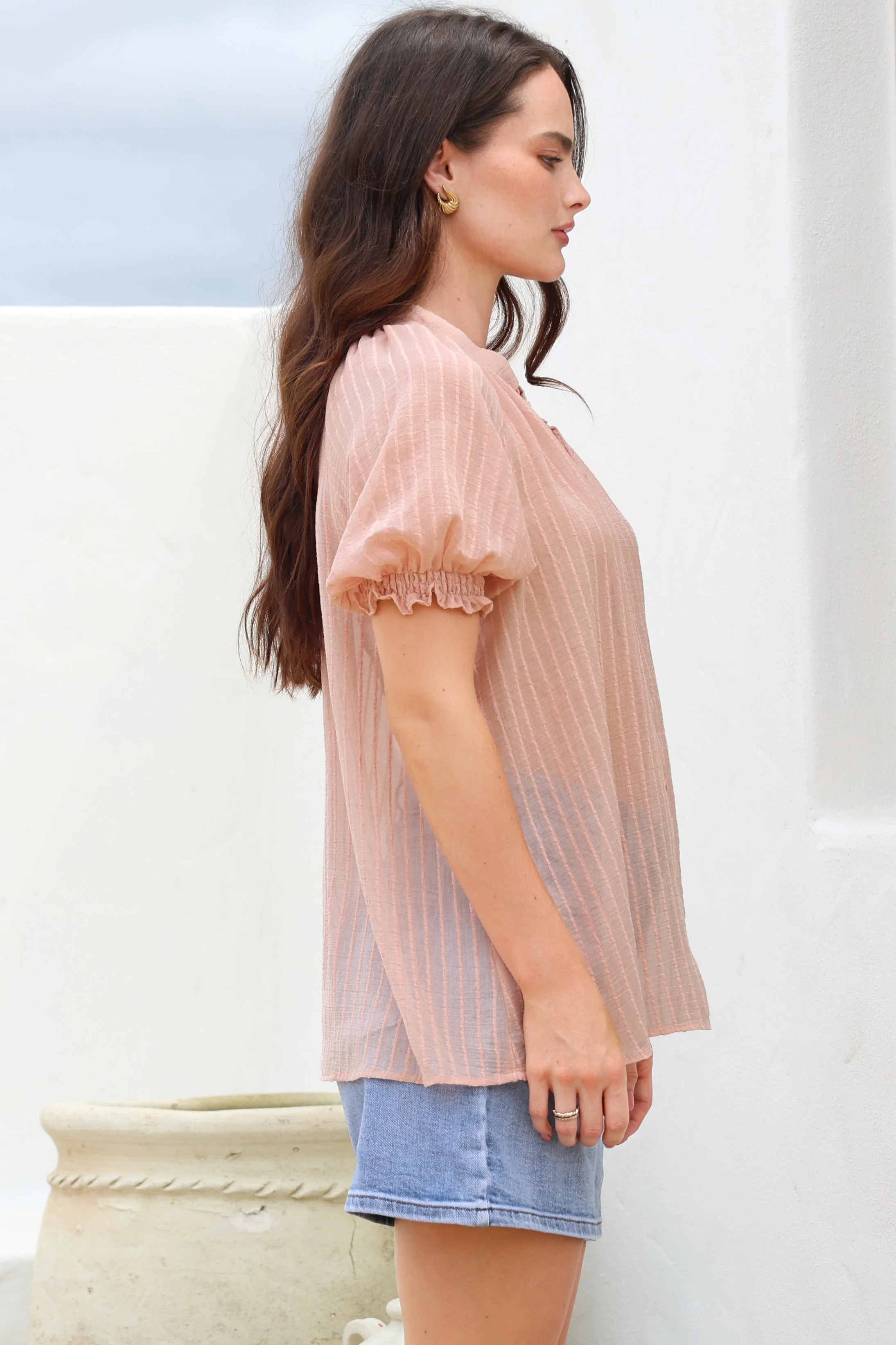 Luella Shirt - Subtle Textured Stripe Button Down with Puff Sleeves in Pink - Image 7