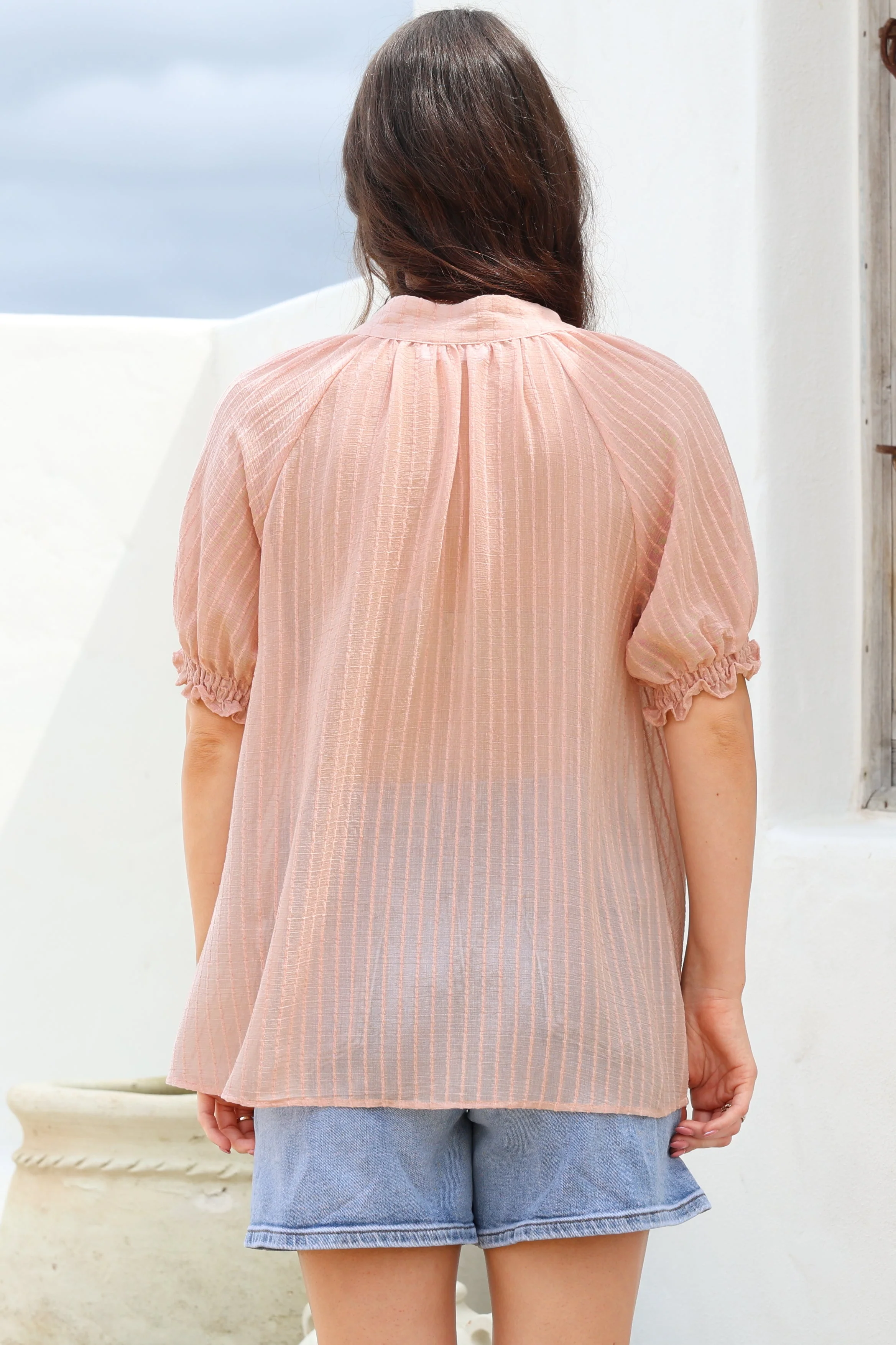 Luella Shirt - Subtle Textured Stripe Button Down with Puff Sleeves in Pink - Image 8