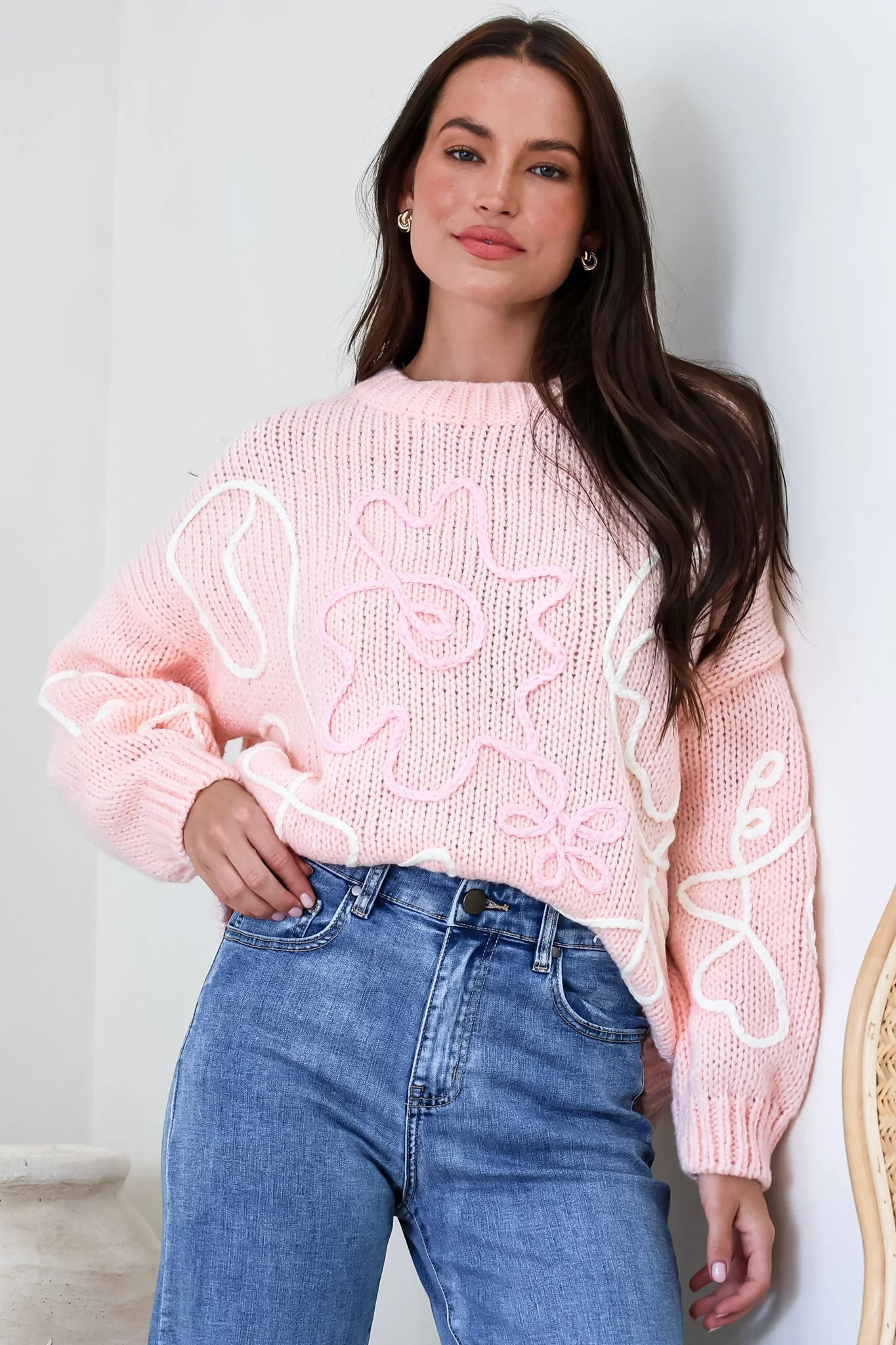 Lulu Jumper - Crew Neck Abstract Floral Motif Knit with Balloon Sleeves in Baby Pink