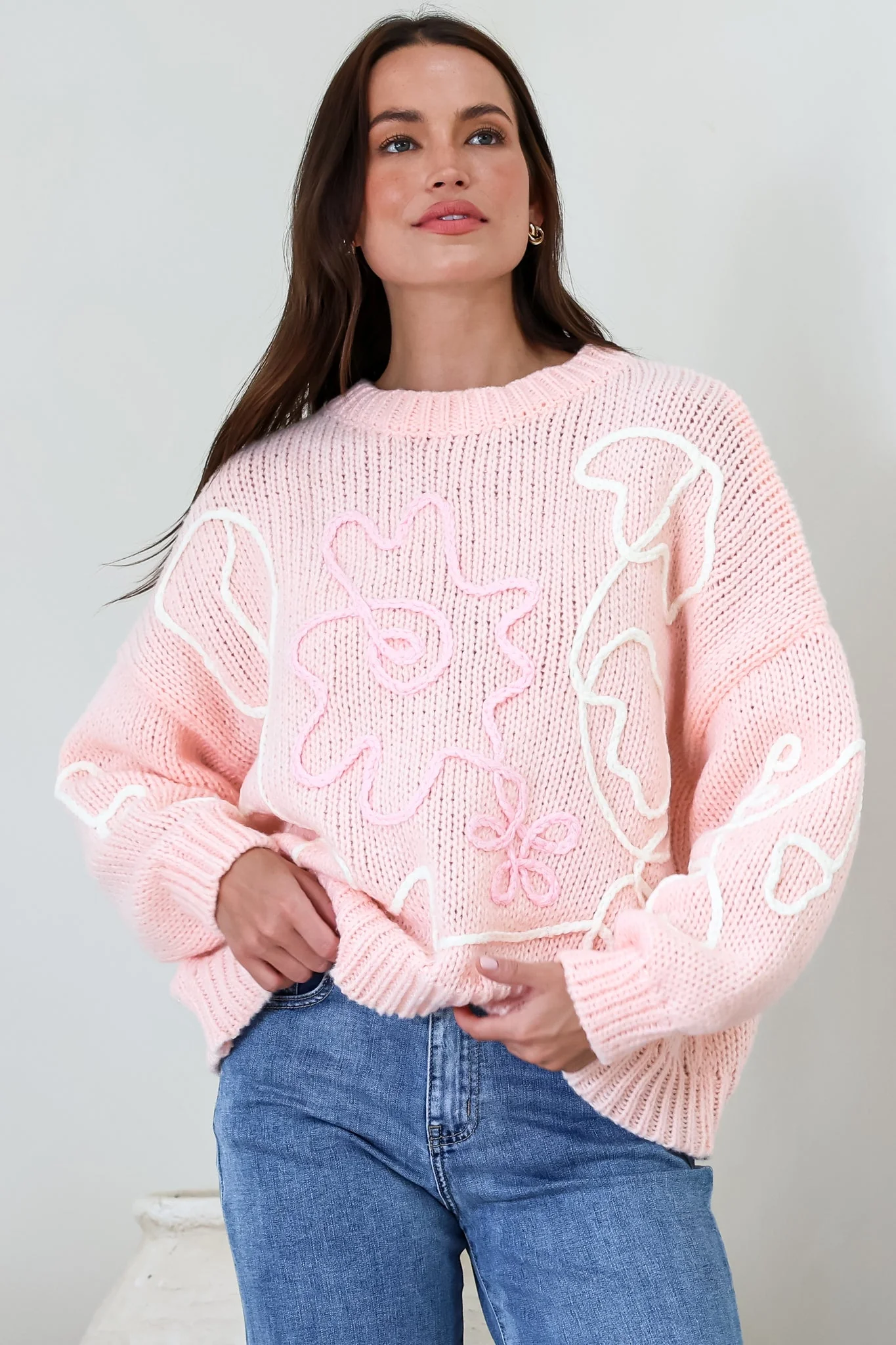 Lulu Jumper - Crew Neck Abstract Floral Motif Knit with Balloon Sleeves in Baby Pink - Image 2