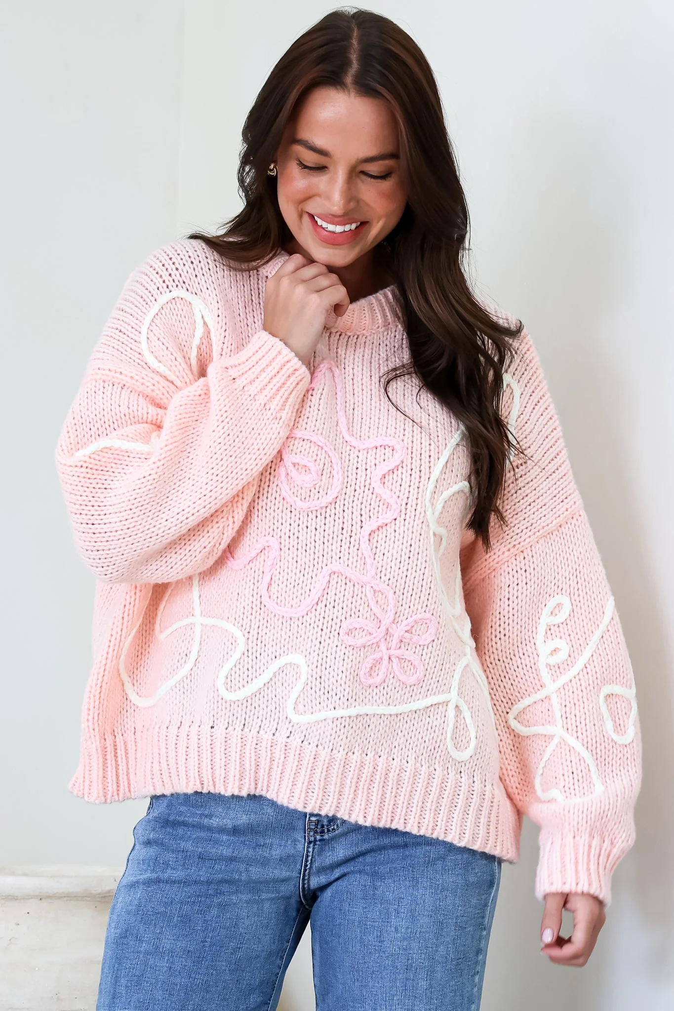 Lulu Jumper - Crew Neck Abstract Floral Motif Knit with Balloon Sleeves in Baby Pink - Image 3
