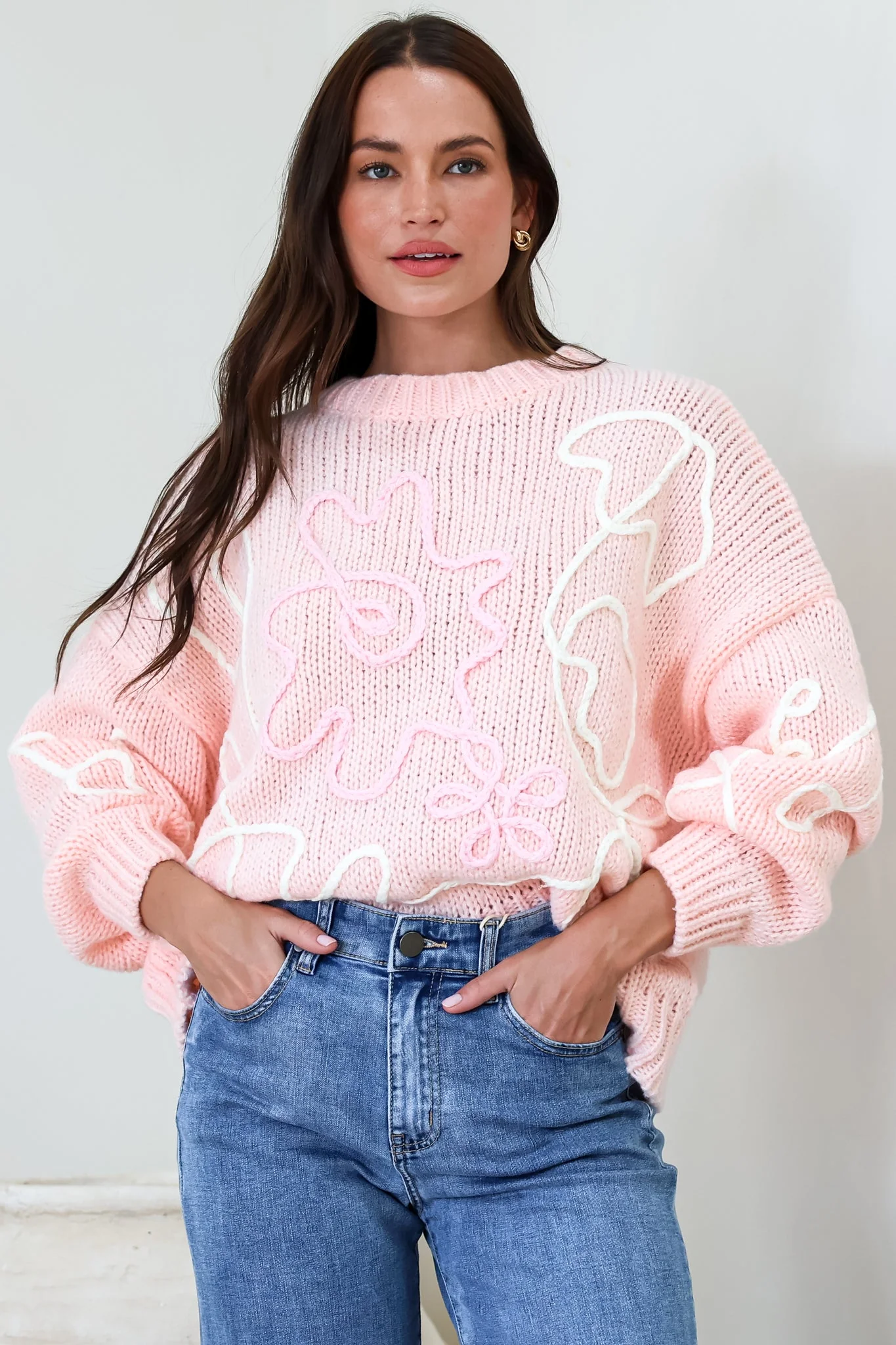 Lulu Jumper - Crew Neck Abstract Floral Motif Knit with Balloon Sleeves in Baby Pink - Image 4