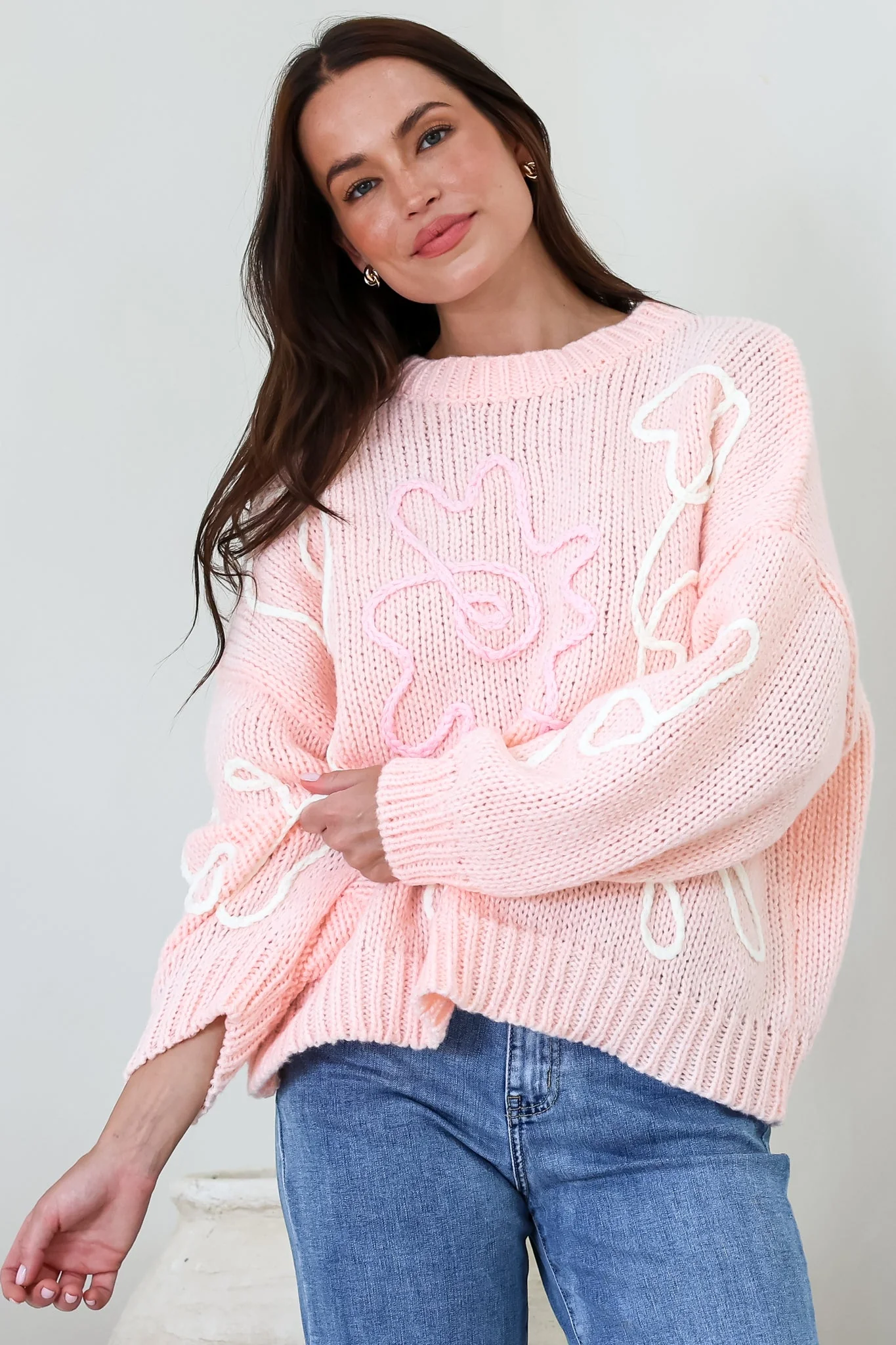 Lulu Jumper - Crew Neck Abstract Floral Motif Knit with Balloon Sleeves in Baby Pink - Image 5