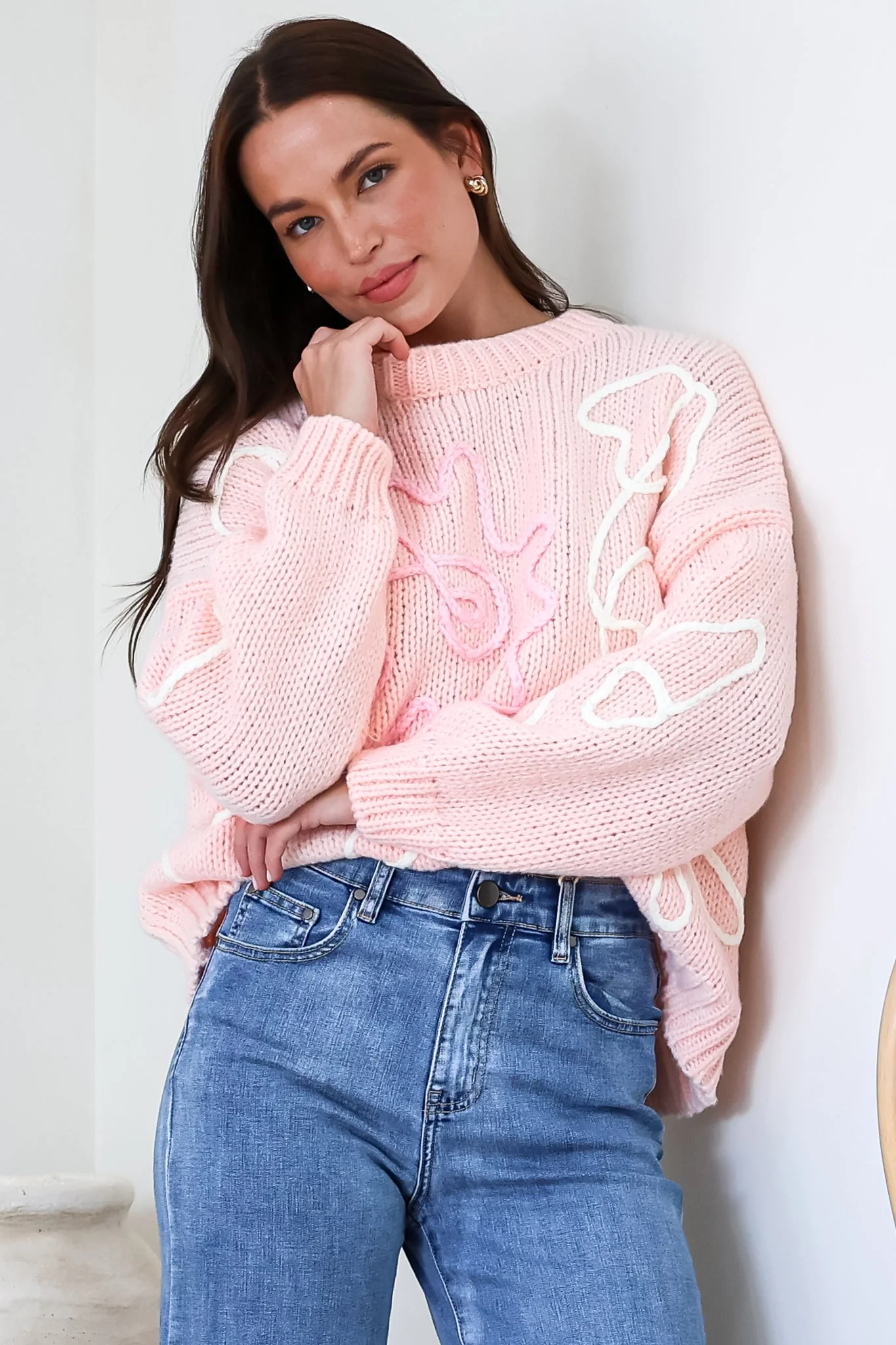 Lulu Jumper - Crew Neck Abstract Floral Motif Knit with Balloon Sleeves in Baby Pink - Image 7