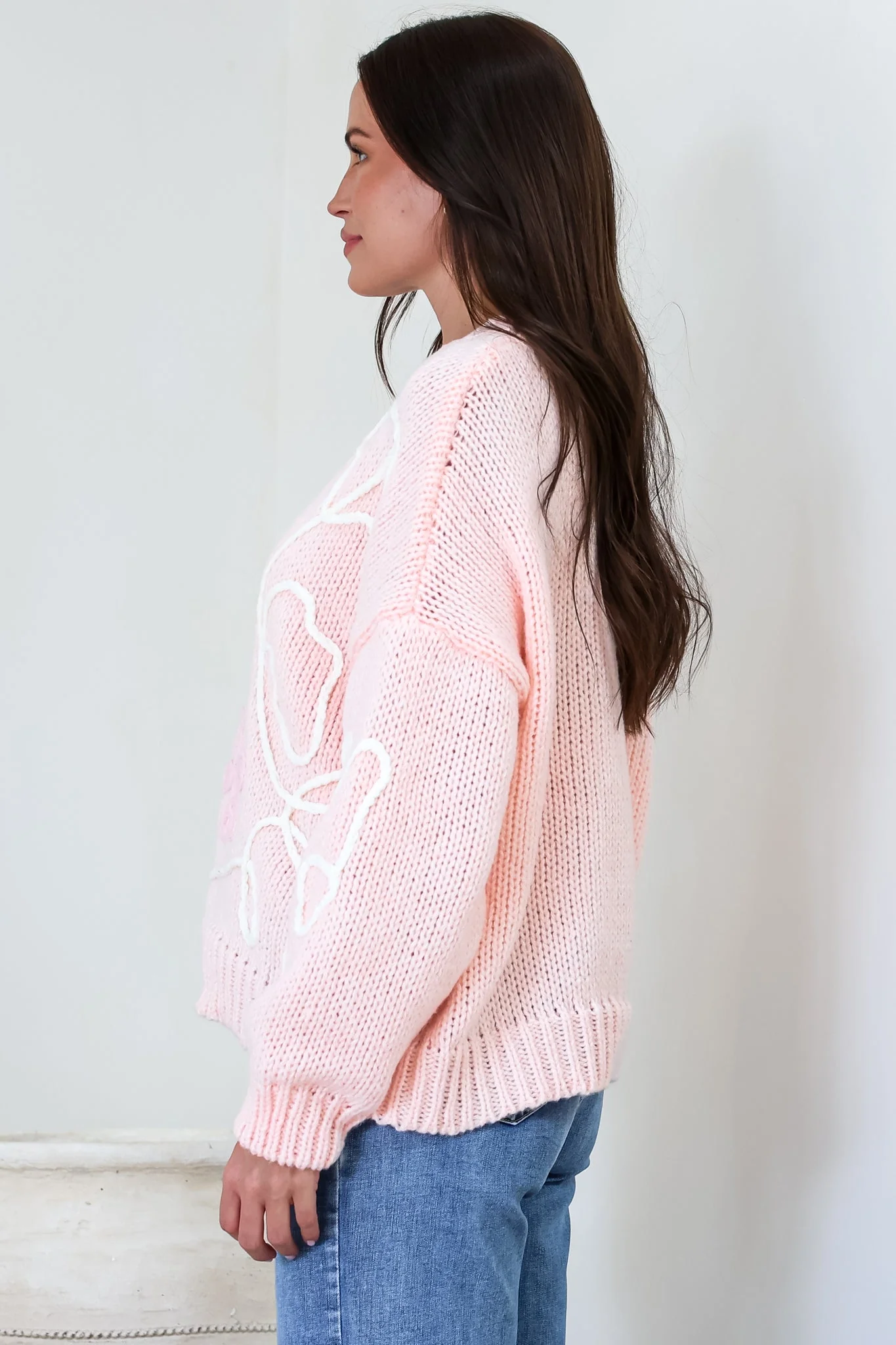 Lulu Jumper - Crew Neck Abstract Floral Motif Knit with Balloon Sleeves in Baby Pink - Image 8
