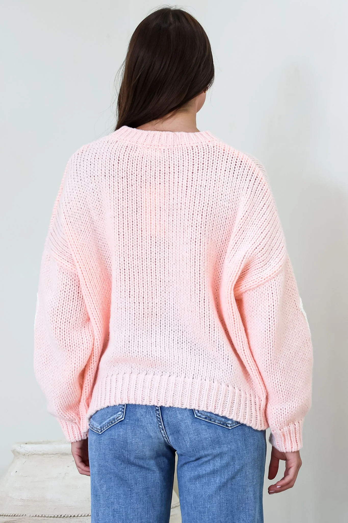 Lulu Jumper - Crew Neck Abstract Floral Motif Knit with Balloon Sleeves in Baby Pink - Image 9