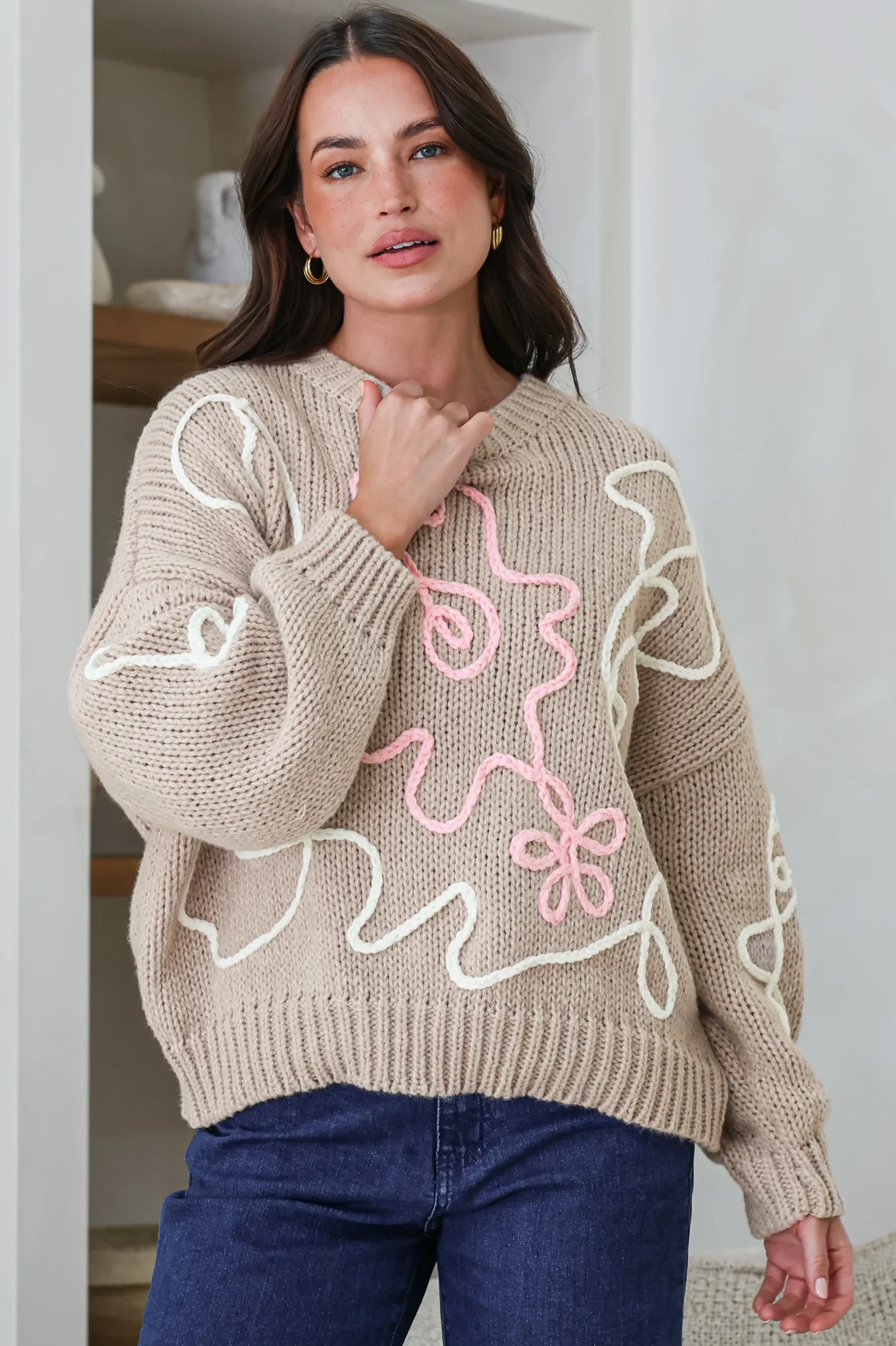 Lulu Jumper - Crew Neck Abstract Floral Motif Knit with Balloon Sleeves in Taupe - Image 3
