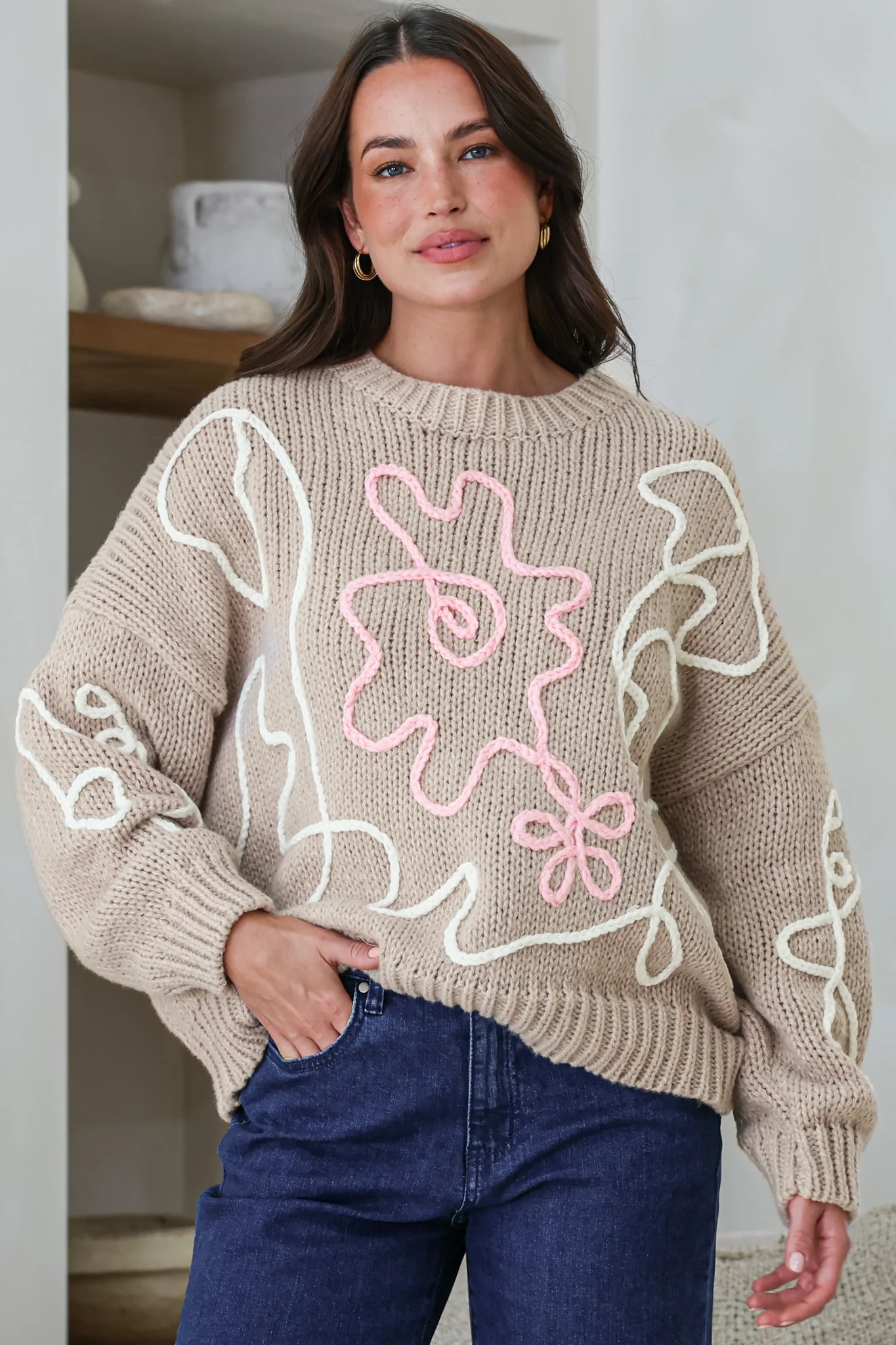 Lulu Jumper - Crew Neck Abstract Floral Motif Knit with Balloon Sleeves in Taupe - Image 5