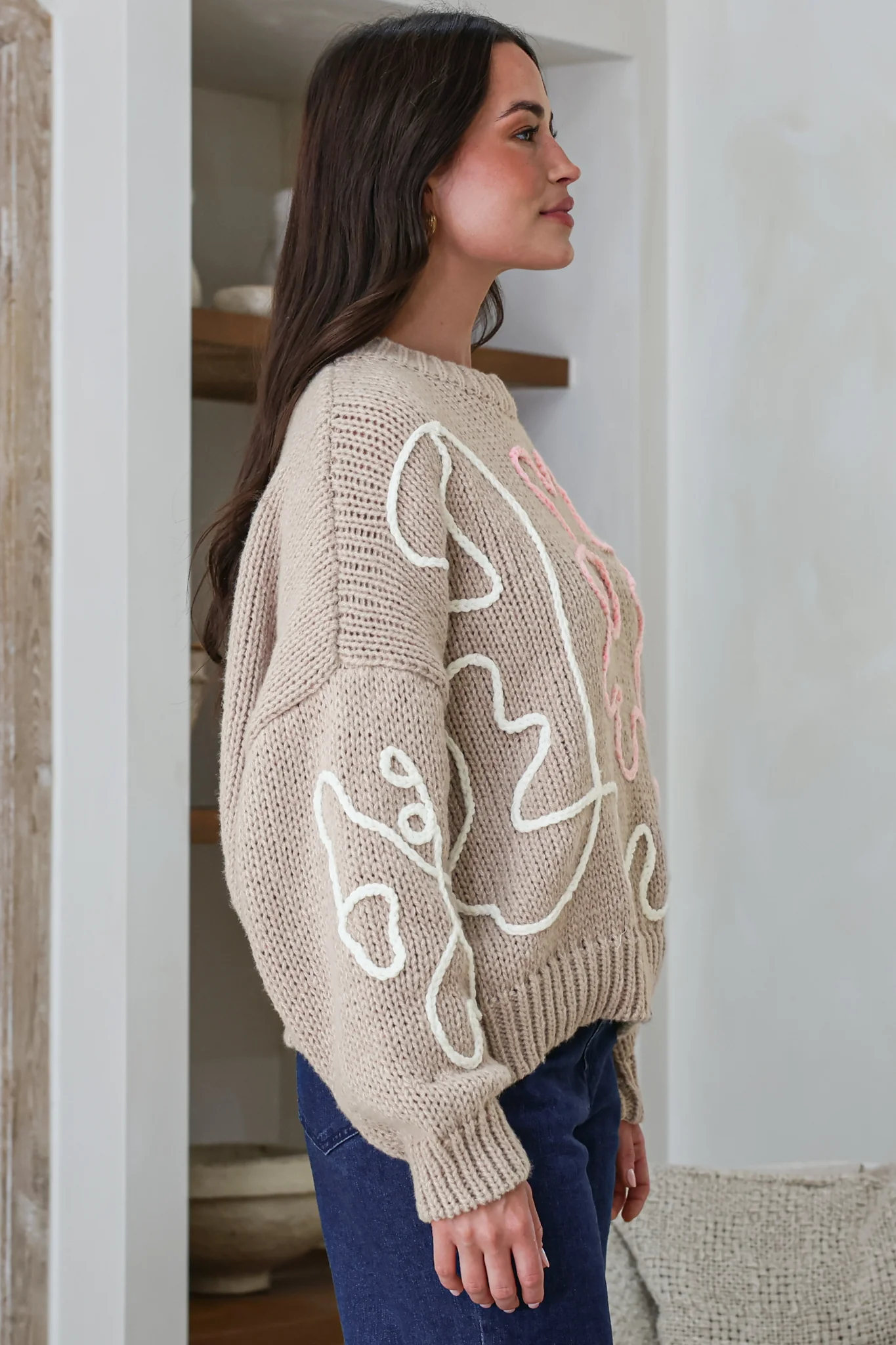 Lulu Jumper - Crew Neck Abstract Floral Motif Knit with Balloon Sleeves in Taupe - Image 6