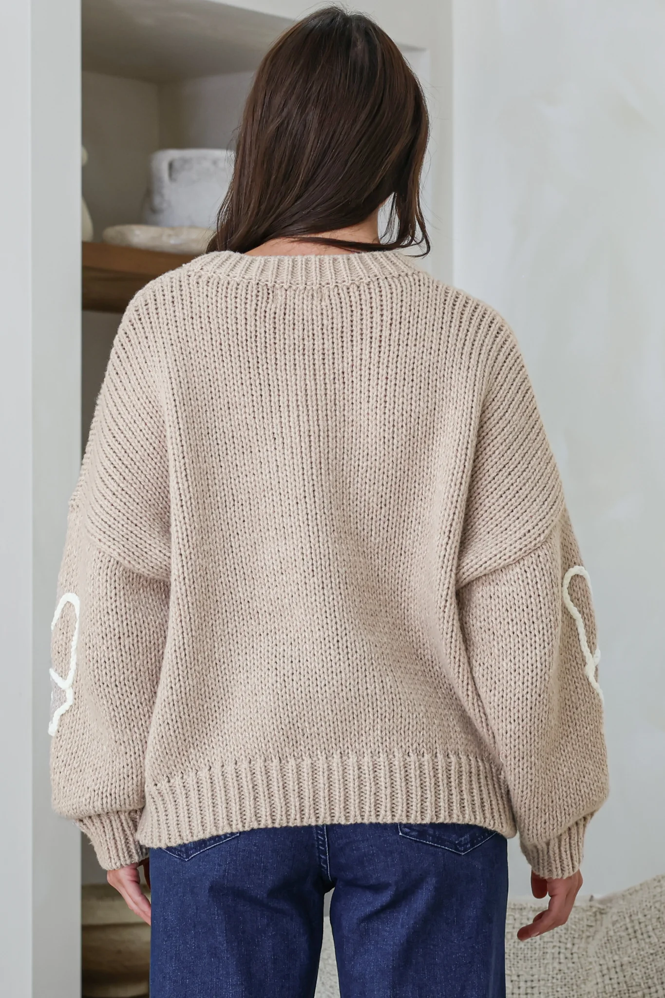 Lulu Jumper - Crew Neck Abstract Floral Motif Knit with Balloon Sleeves in Taupe - Image 7