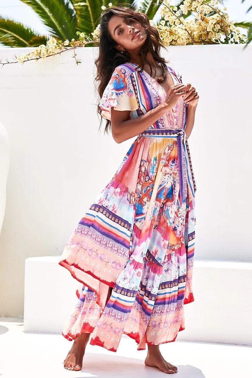 JAASE - Taurus Maxi Dress: Flutter Cap Sleeve Deep V Neck Handkerchief Hem Dress with Matching Waist Tie in Lunar Print - Image 4