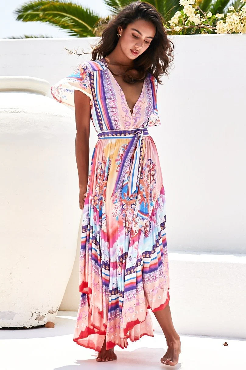 JAASE - Taurus Maxi Dress: Flutter Cap Sleeve Deep V Neck Handkerchief Hem Dress with Matching Waist Tie in Lunar Print - Image 5