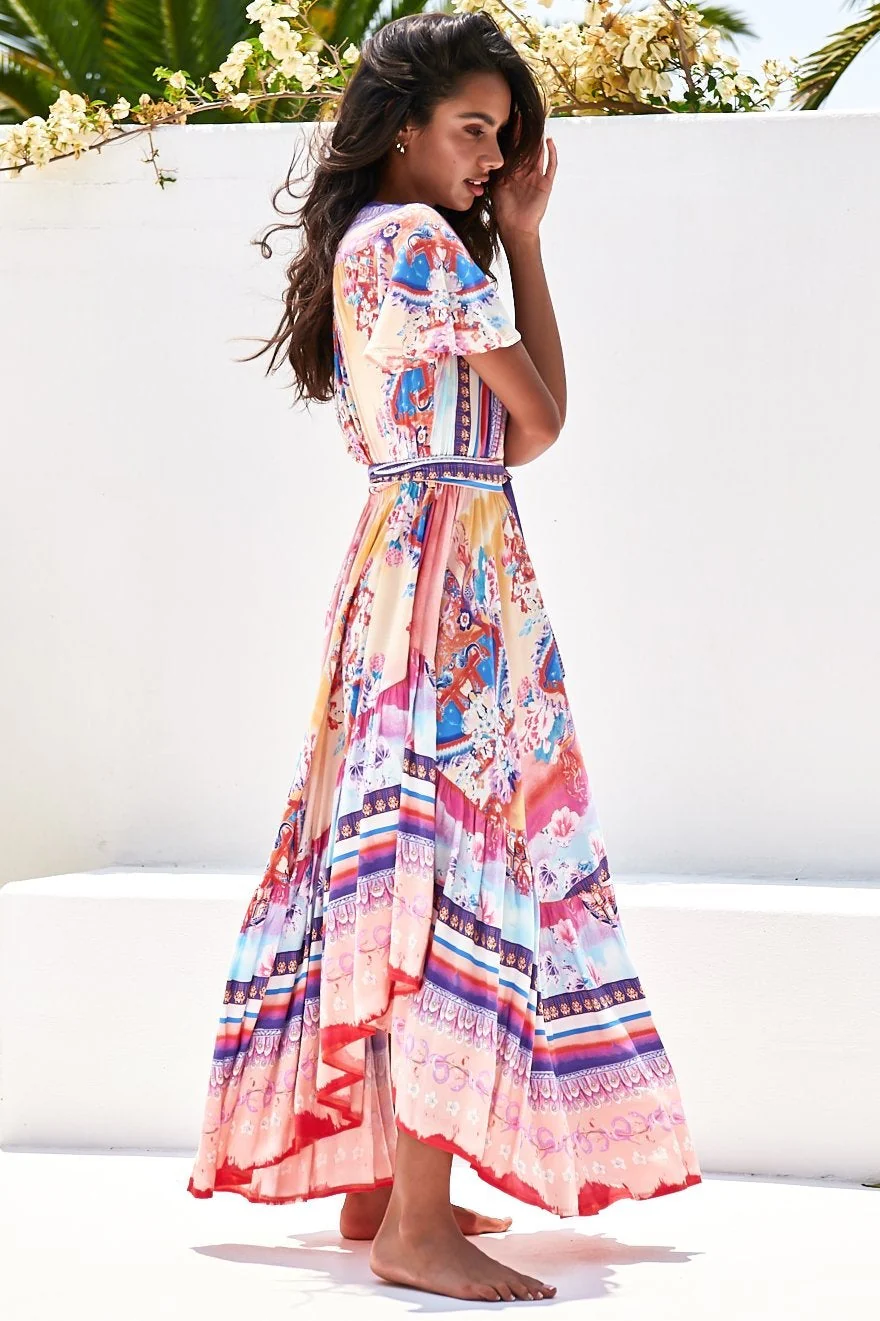 JAASE - Taurus Maxi Dress: Flutter Cap Sleeve Deep V Neck Handkerchief Hem Dress with Matching Waist Tie in Lunar Print - Image 6