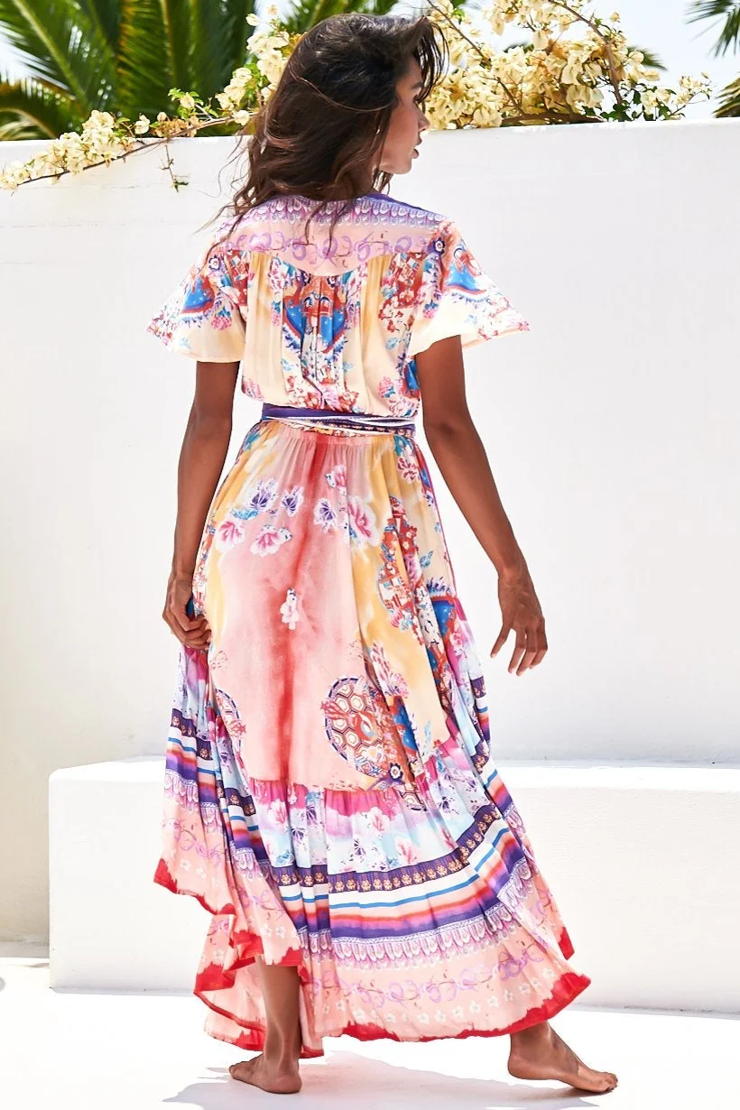 JAASE - Taurus Maxi Dress: Flutter Cap Sleeve Deep V Neck Handkerchief Hem Dress with Matching Waist Tie in Lunar Print - Image 7