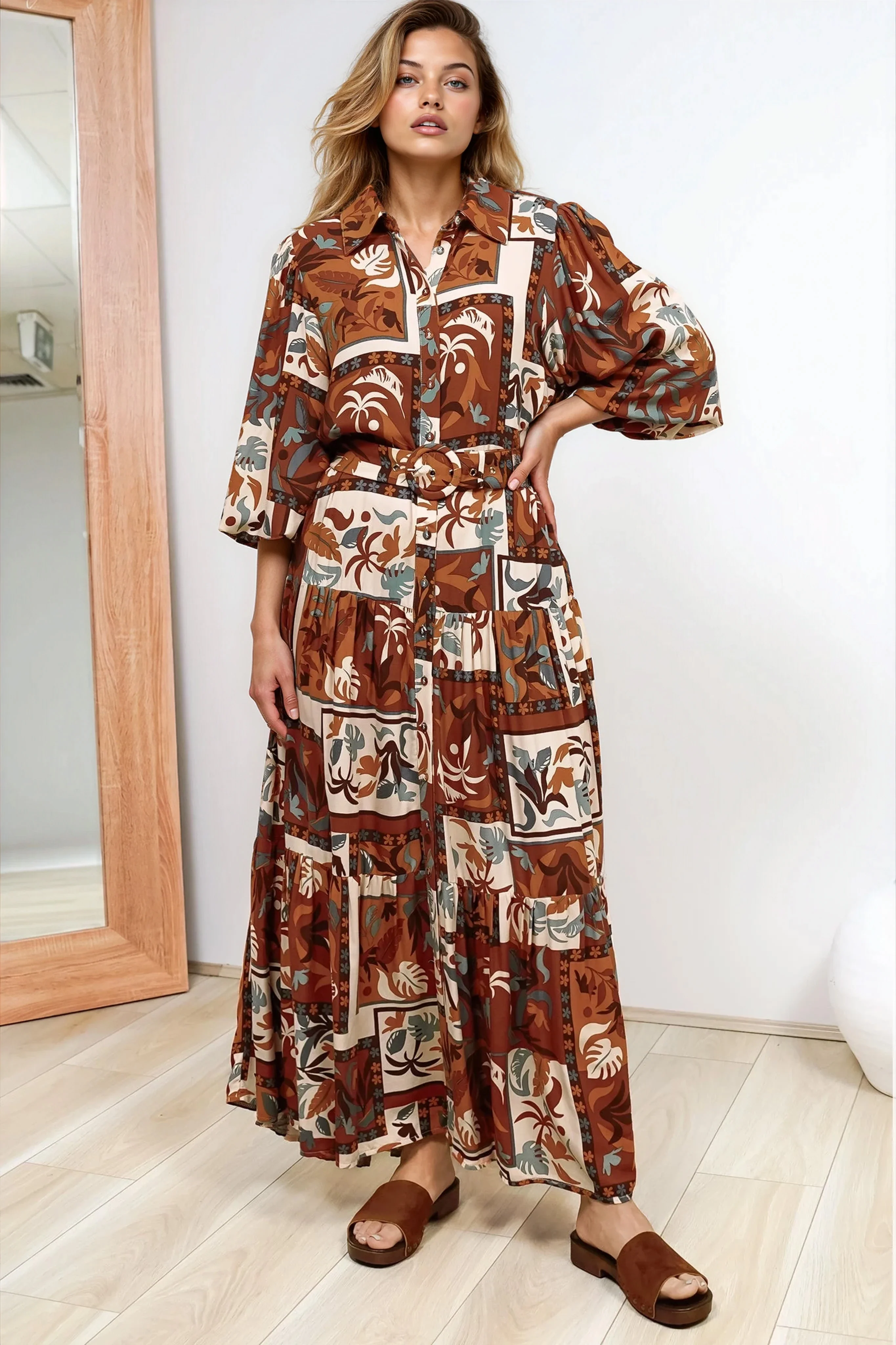 Luxley Maxi Dress - Collared Button Down Shirt Dress with Matching Belt in Jaya Muse Print - Image 5