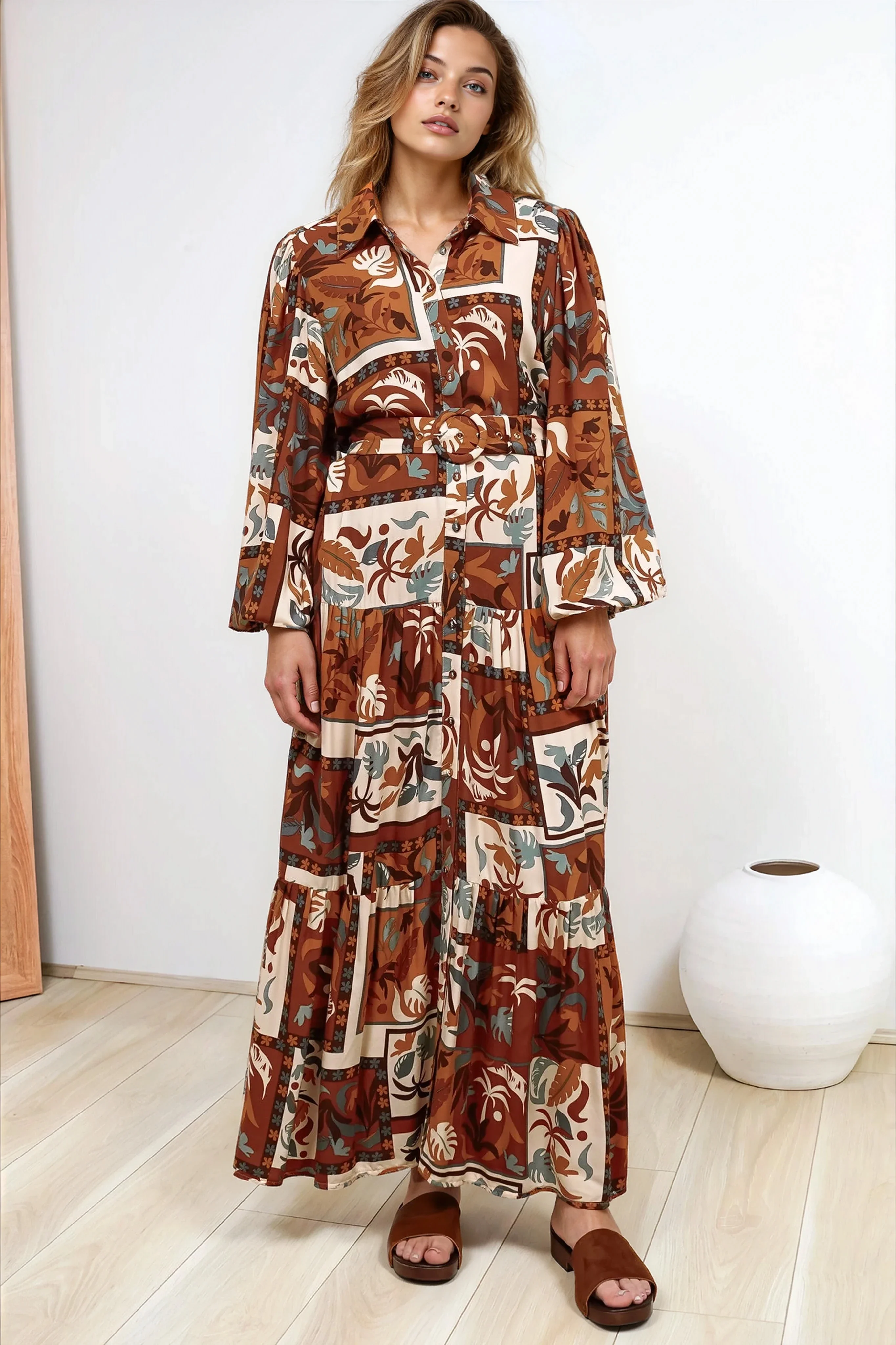 Luxley Maxi Dress - Collared Button Down Shirt Dress with Matching Belt in Jaya Muse Print - Image 6