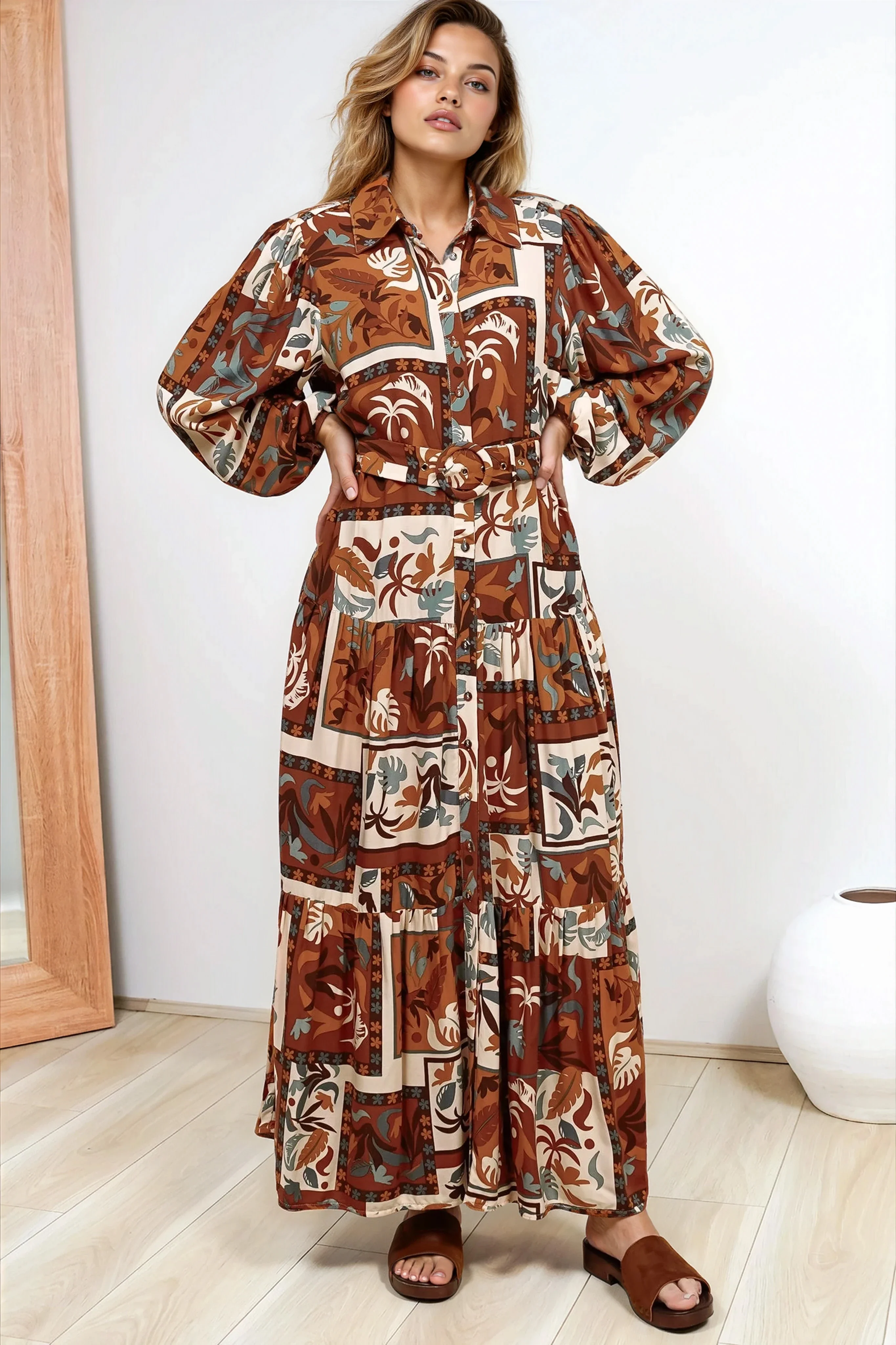 Luxley Maxi Dress - Collared Button Down Shirt Dress with Matching Belt in Jaya Muse Print - Image 7