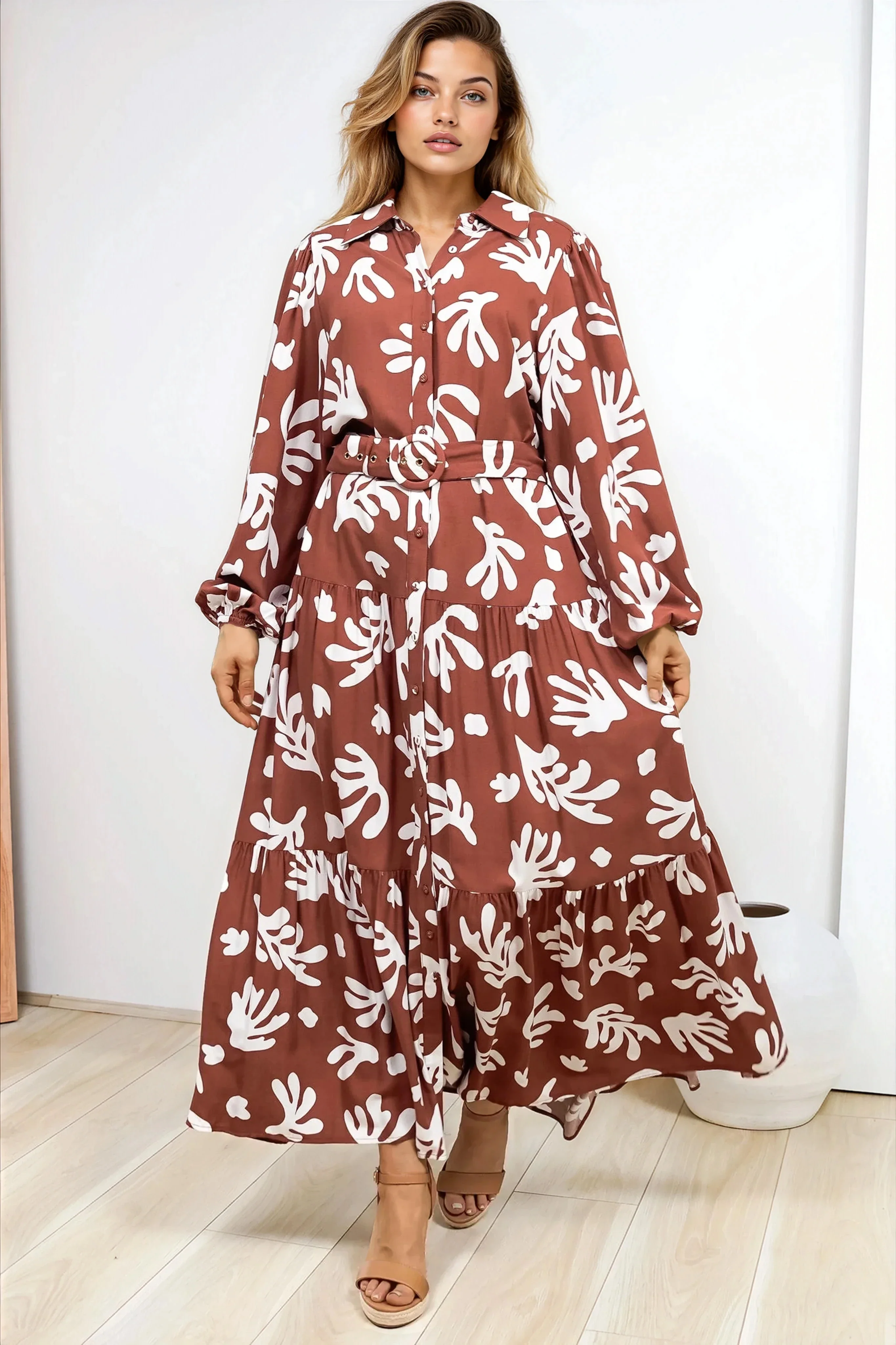 Luxley Maxi Dress - Collared Button Down Shirt Dress with Matching Belt in Stassie Print Brown - Image 2