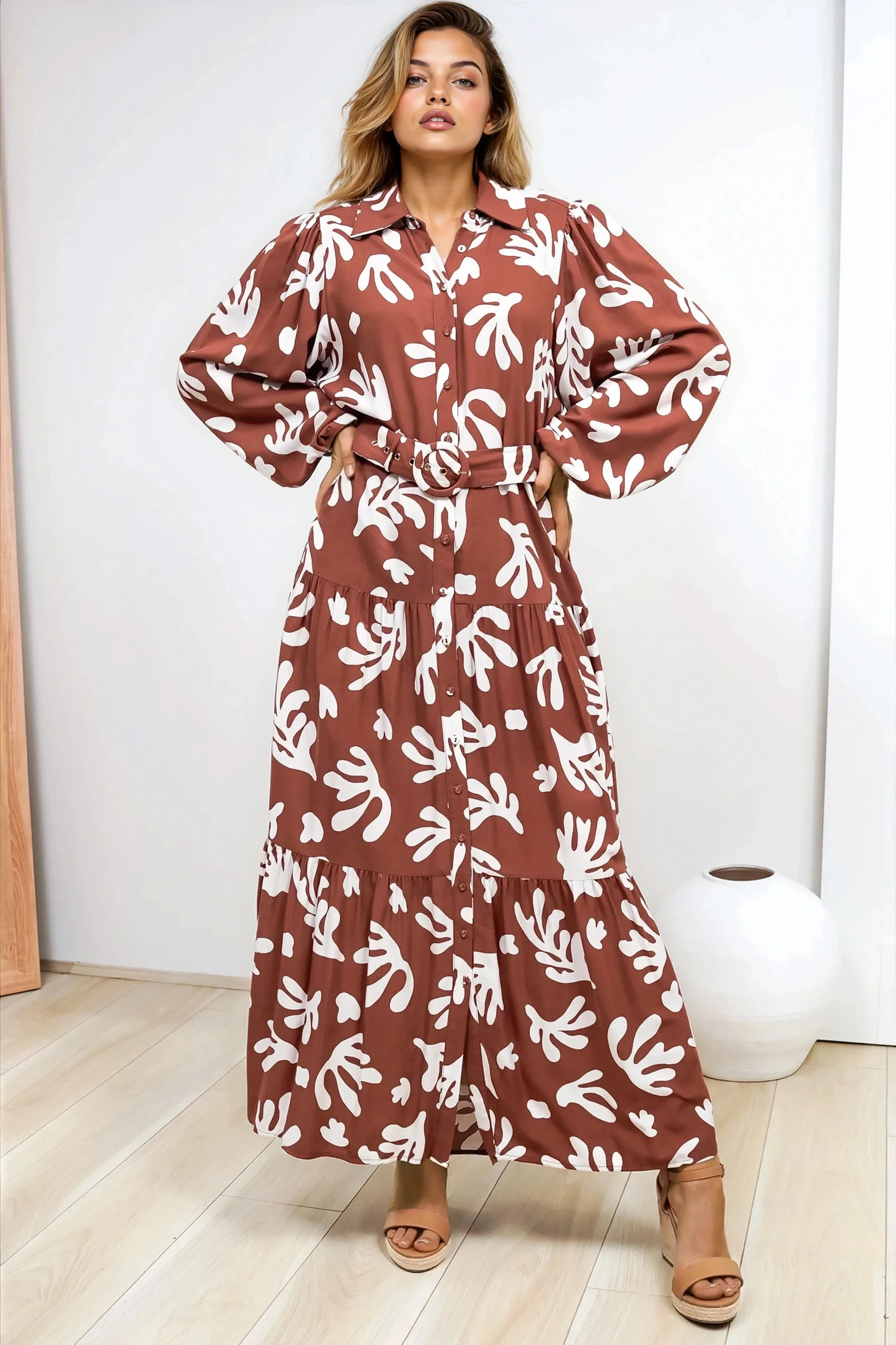Luxley Maxi Dress - Collared Button Down Shirt Dress with Matching Belt in Stassie Print Brown - Image 5