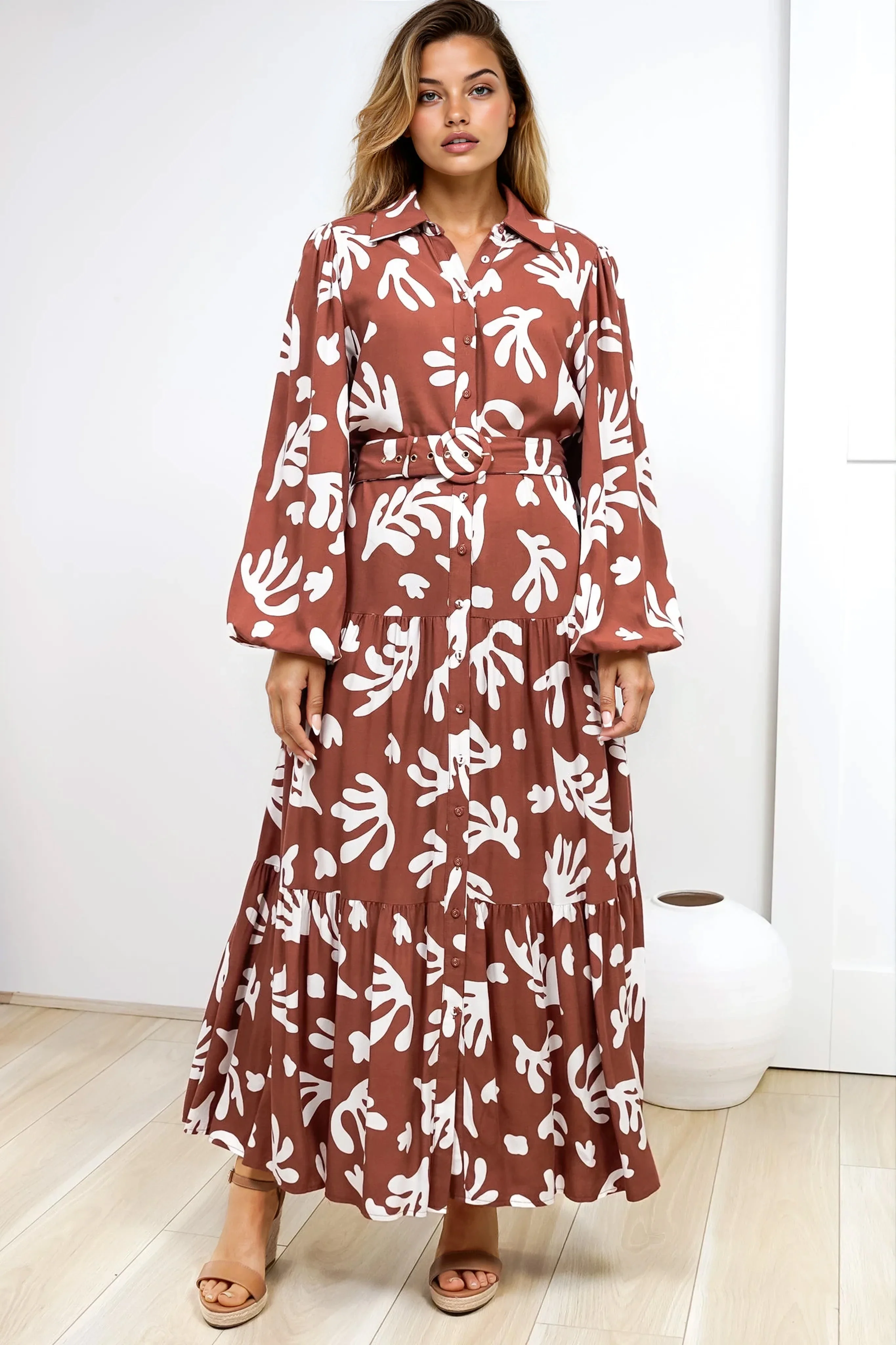 Luxley Maxi Dress - Collared Button Down Shirt Dress with Matching Belt in Stassie Print Brown - Image 6