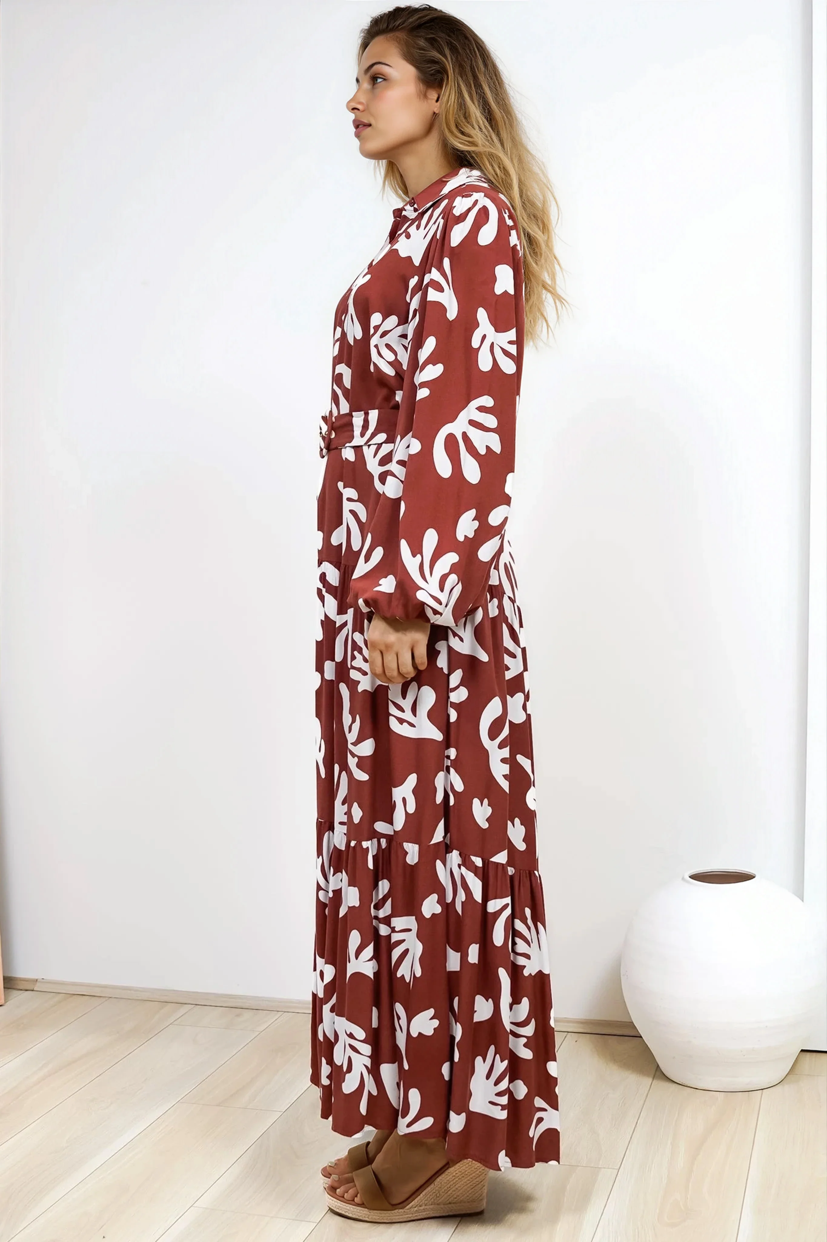 Luxley Maxi Dress - Collared Button Down Shirt Dress with Matching Belt in Stassie Print Brown - Image 7