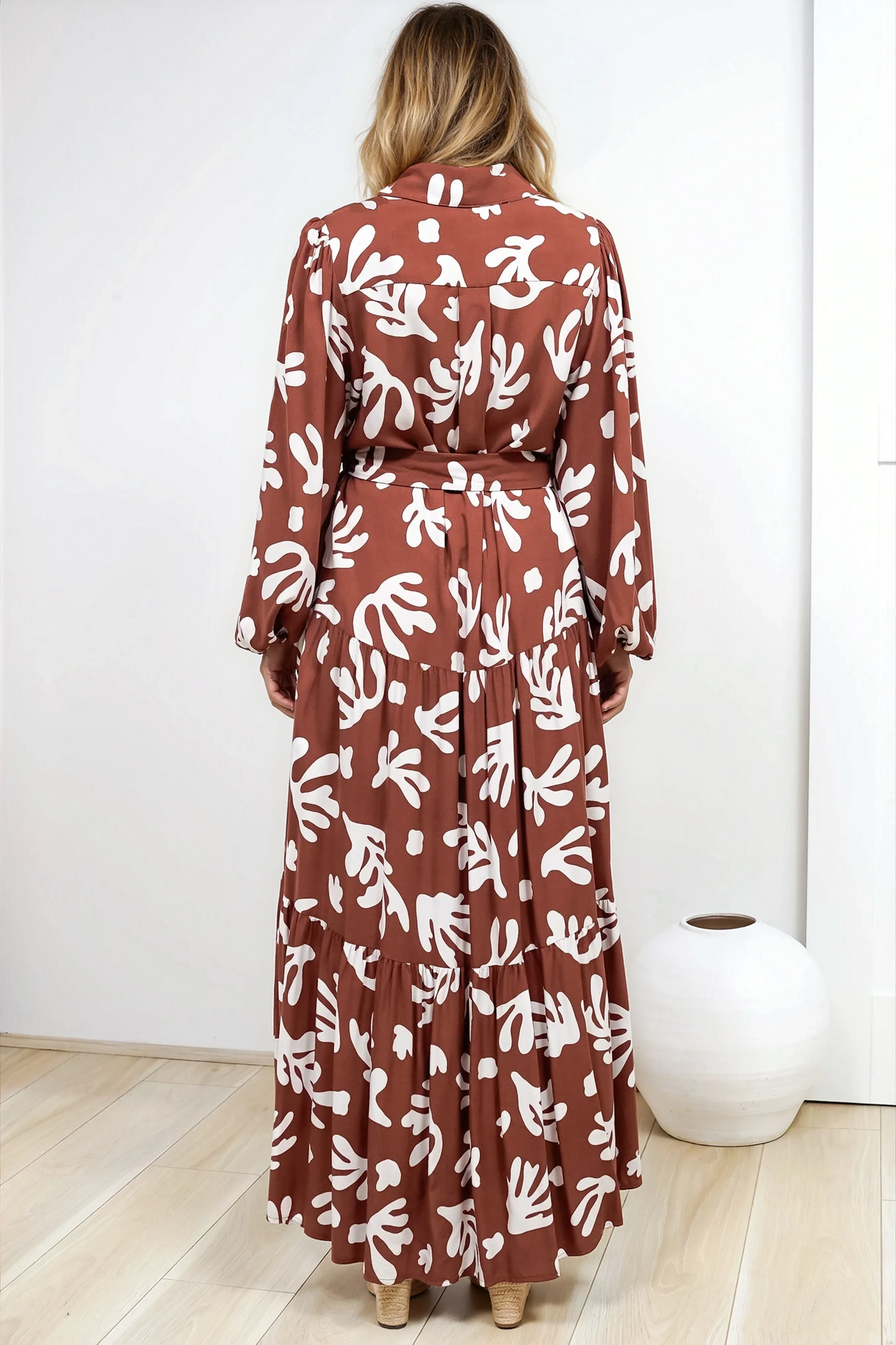 Luxley Maxi Dress - Collared Button Down Shirt Dress with Matching Belt in Stassie Print Brown - Image 8