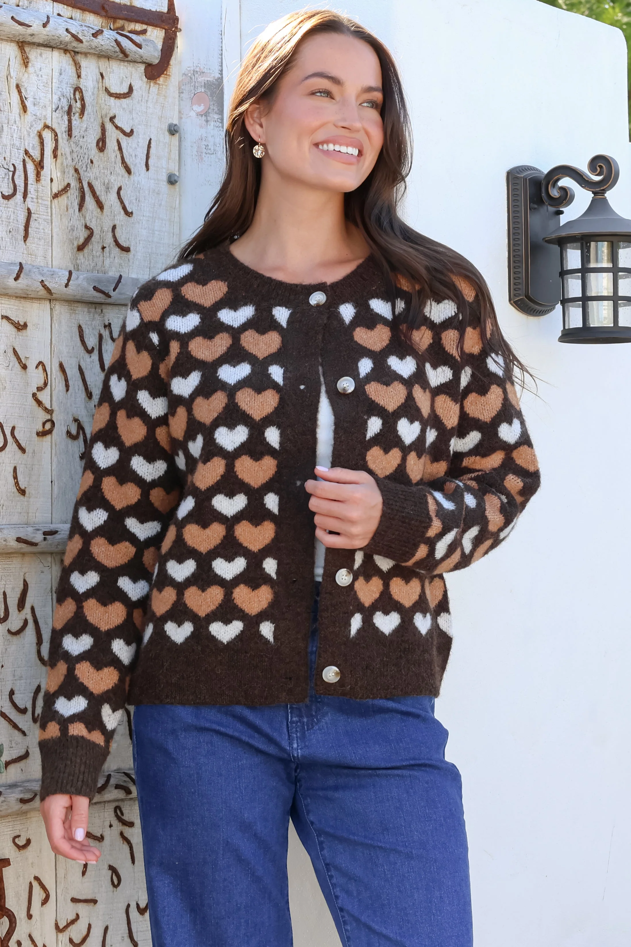 Lynnie Cardigan - Round Neck Button Down Knit with Heart Graphic Motif in Coffee - Image 2