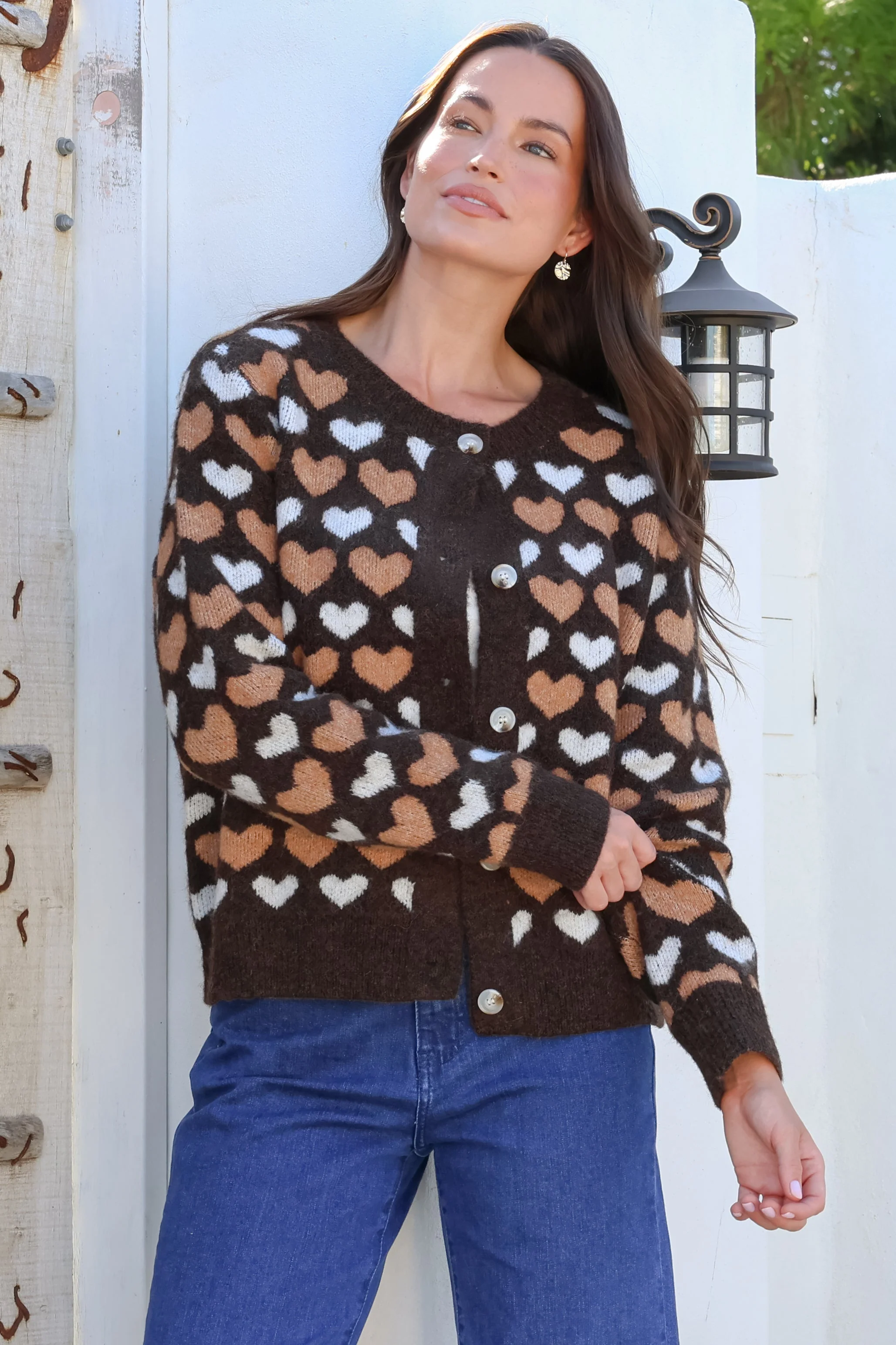 Lynnie Cardigan - Round Neck Button Down Knit with Heart Graphic Motif in Coffee - Image 4