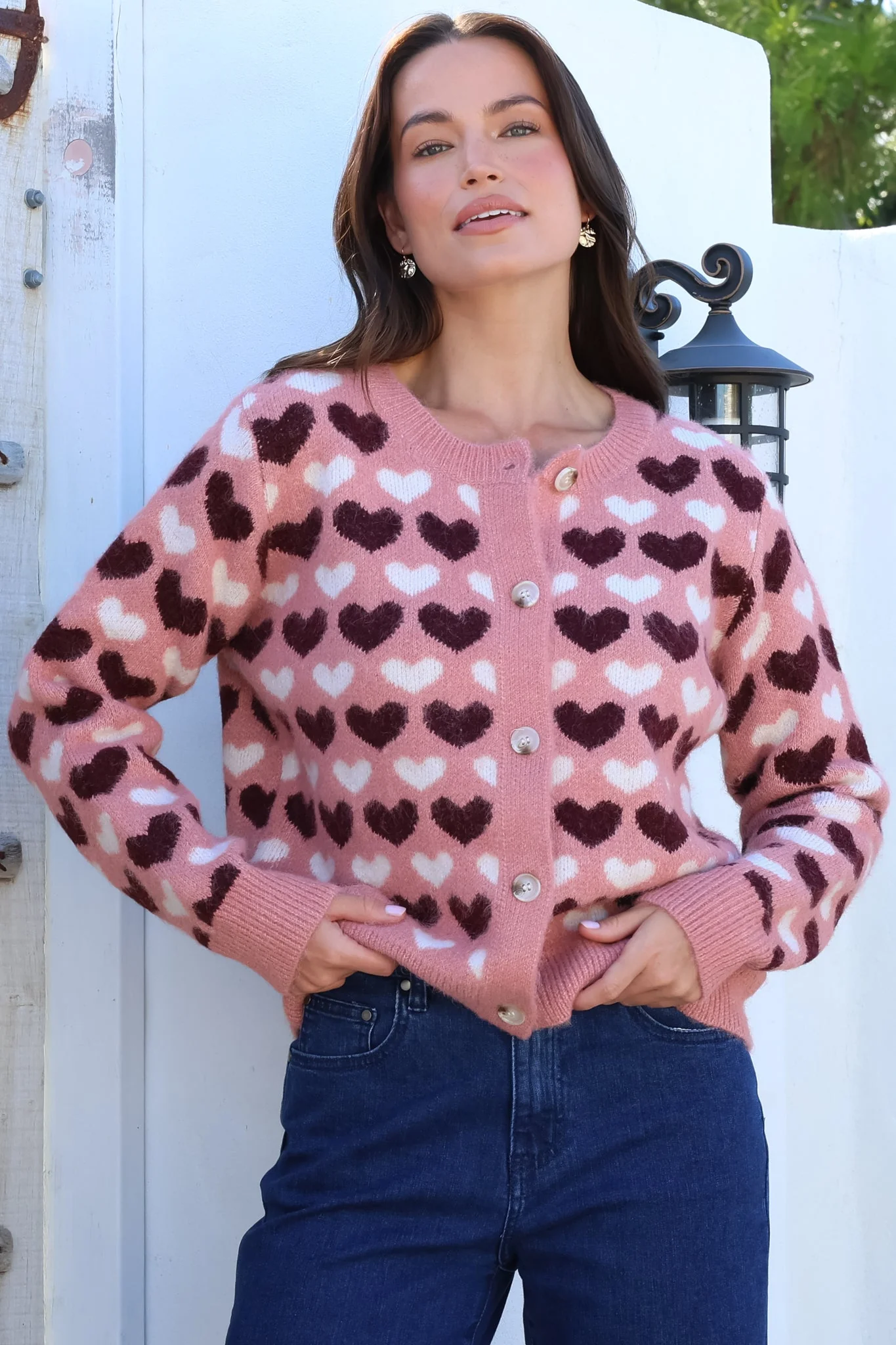 Lynnie Cardigan - Round Neck Button Down Knit with Heart Graphic Motif in Pink - Image 2