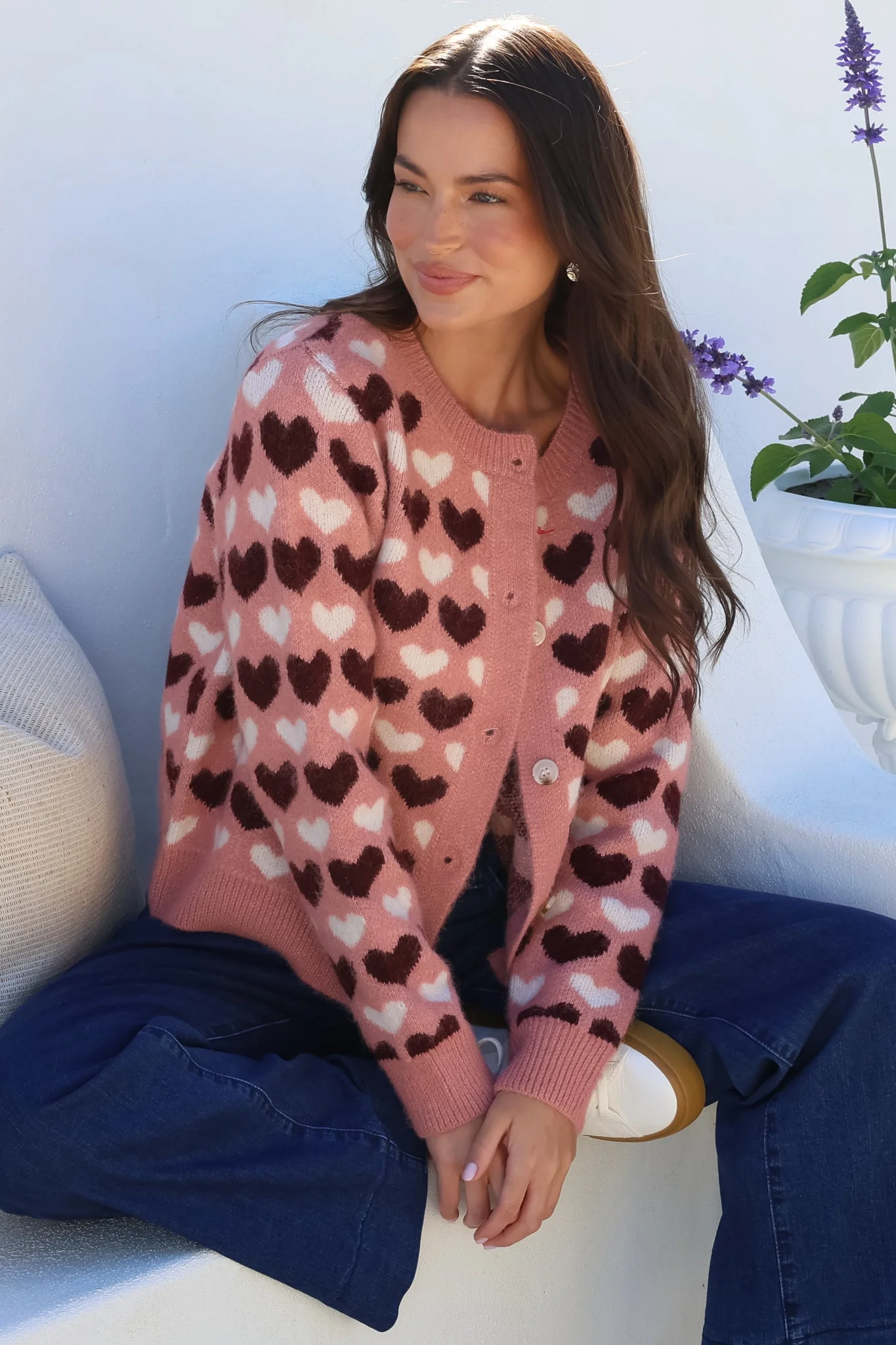 Lynnie Cardigan - Round Neck Button Down Knit with Heart Graphic Motif in Pink - Image 3