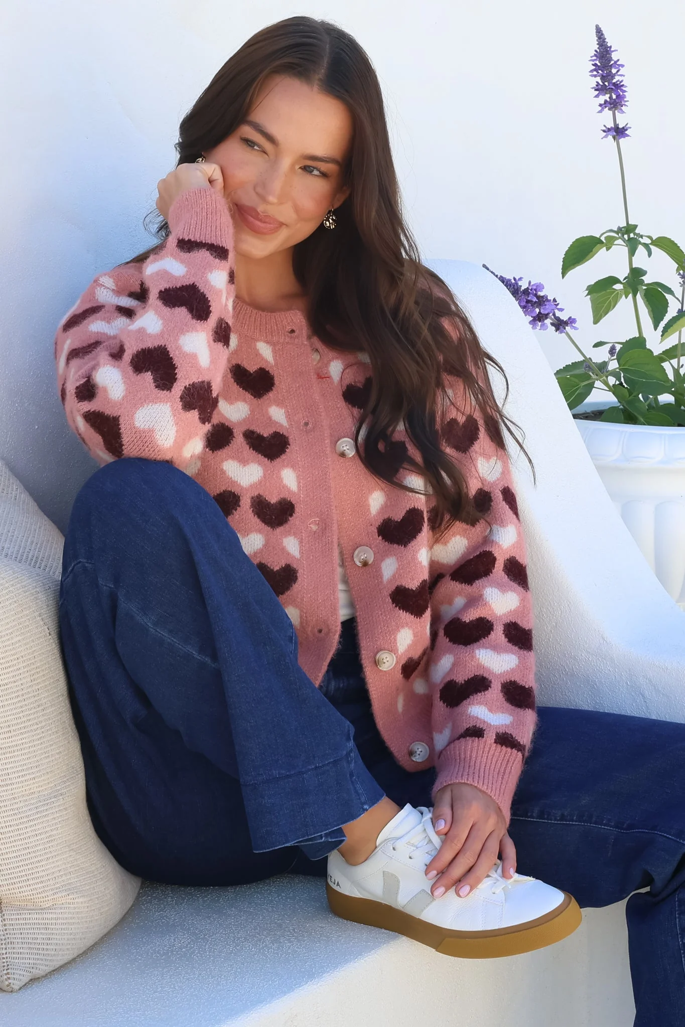Lynnie Cardigan - Round Neck Button Down Knit with Heart Graphic Motif in Pink - Image 7