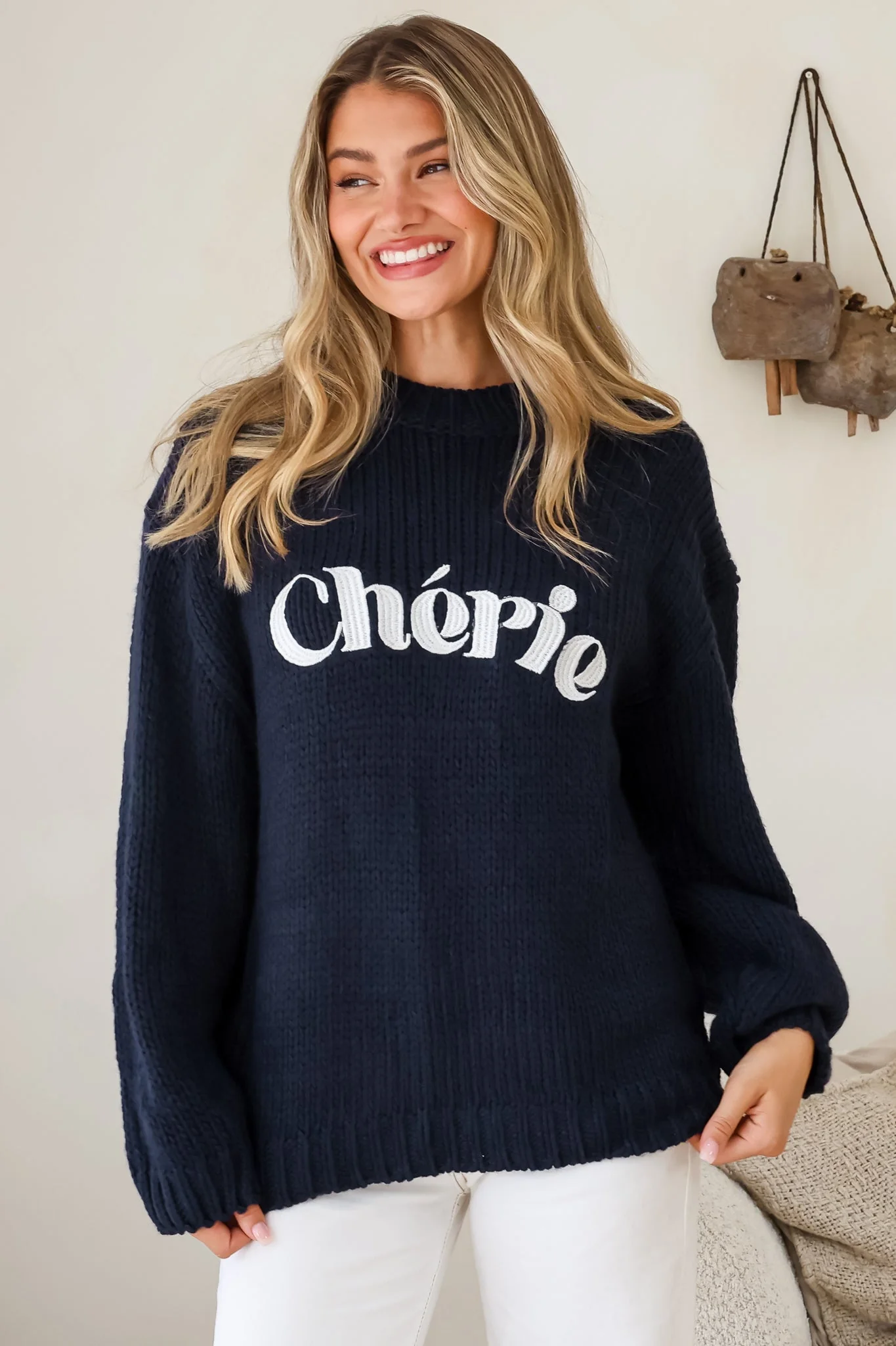 Ma Cherie Jumper - Embroidered Thick Knit with Crew Neck and Long Sleeves in Navy - Image 2