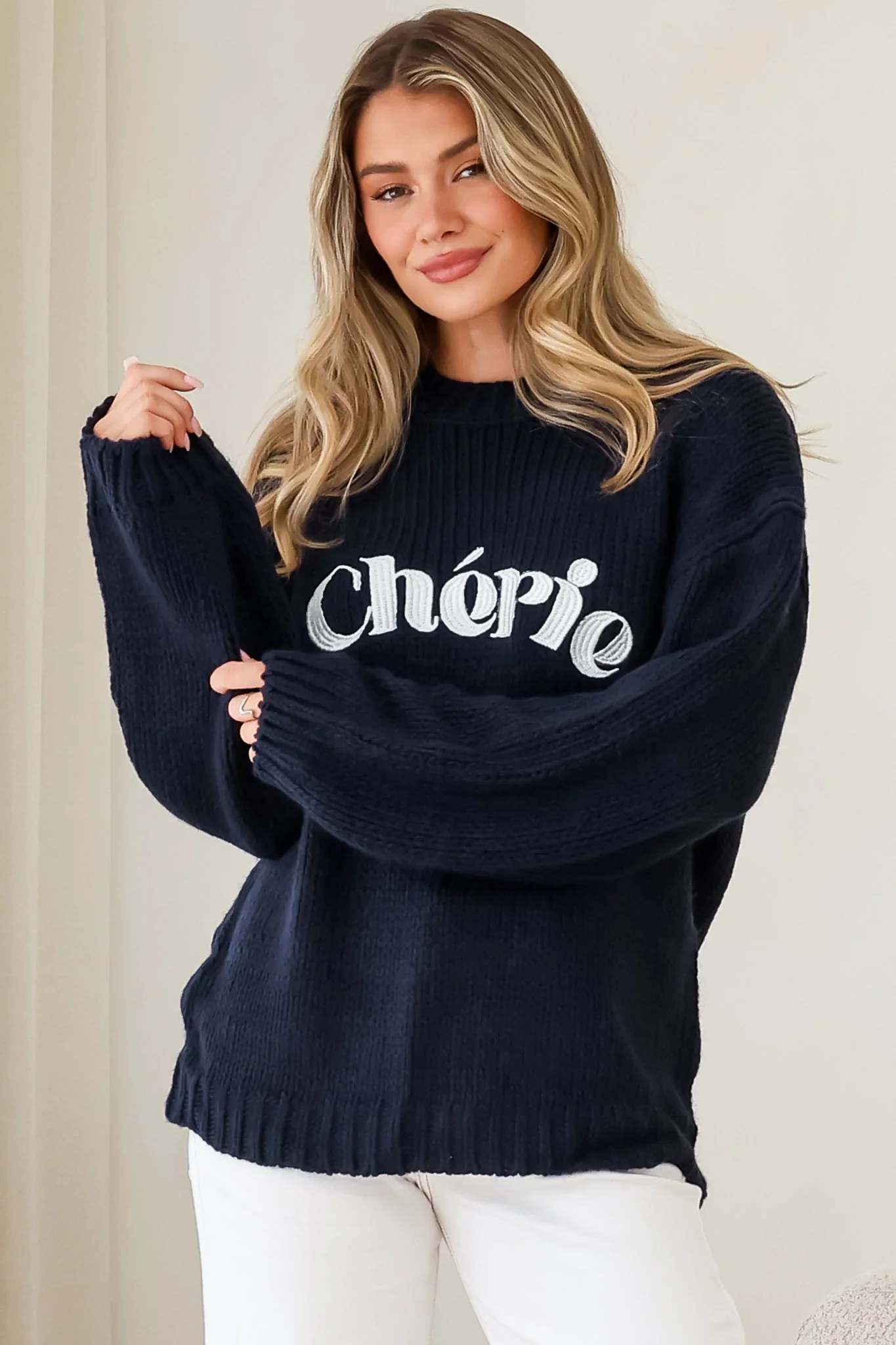 Ma Cherie Jumper - Embroidered Thick Knit with Crew Neck and Long Sleeves in Navy - Image 3