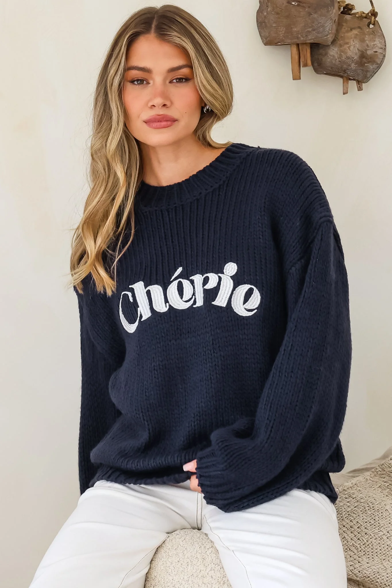 Ma Cherie Jumper - Embroidered Thick Knit with Crew Neck and Long Sleeves in Navy - Image 5