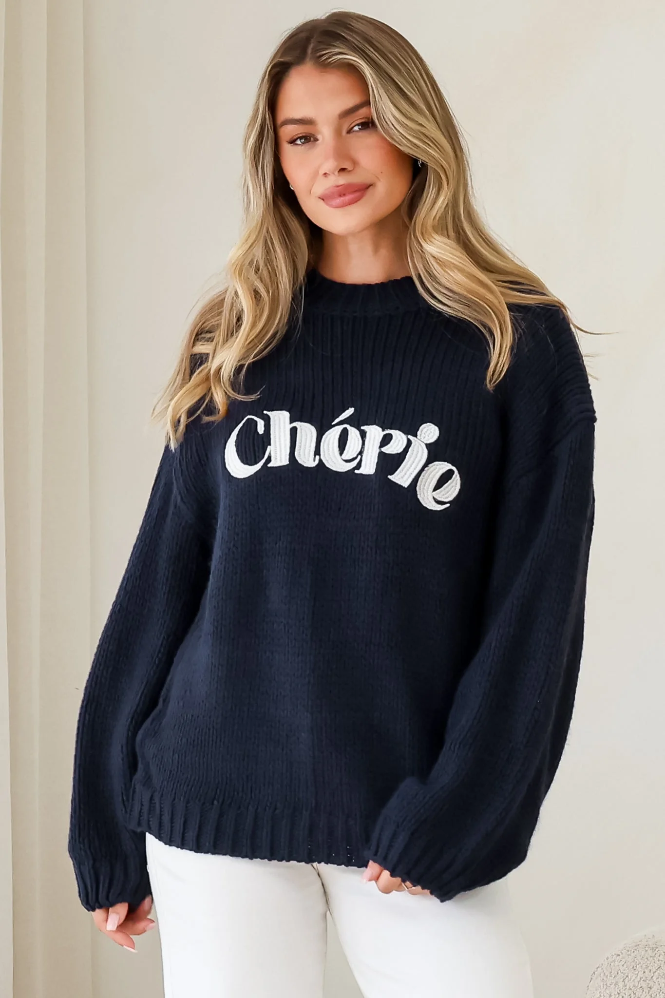 Ma Cherie Jumper - Embroidered Thick Knit with Crew Neck and Long Sleeves in Navy - Image 6