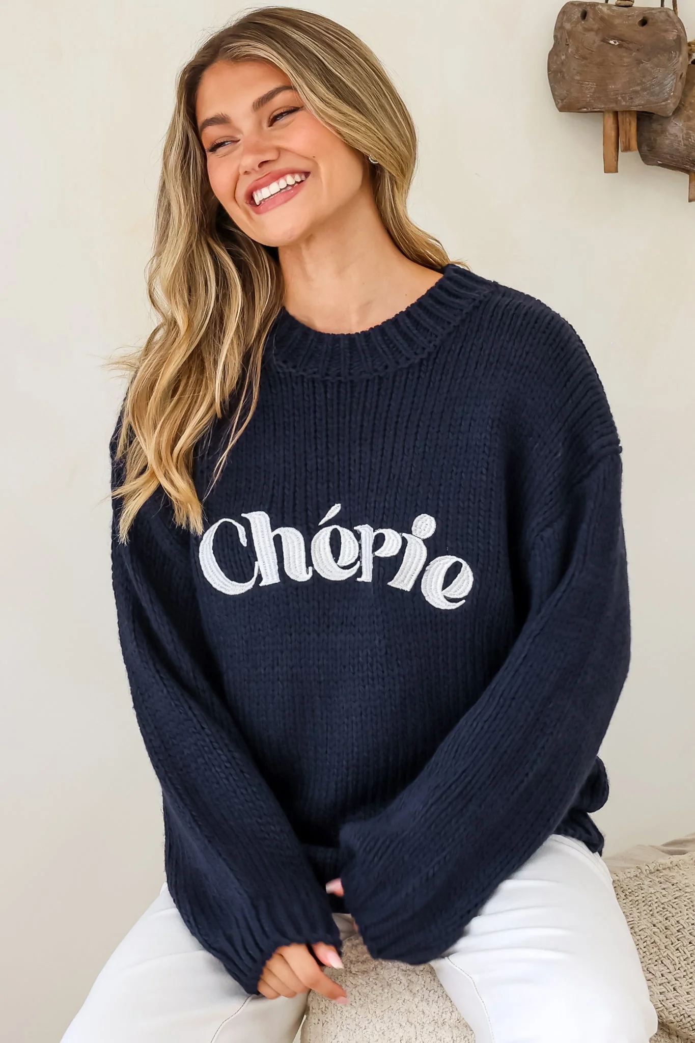 Ma Cherie Jumper - Embroidered Thick Knit with Crew Neck and Long Sleeves in Navy - Image 7