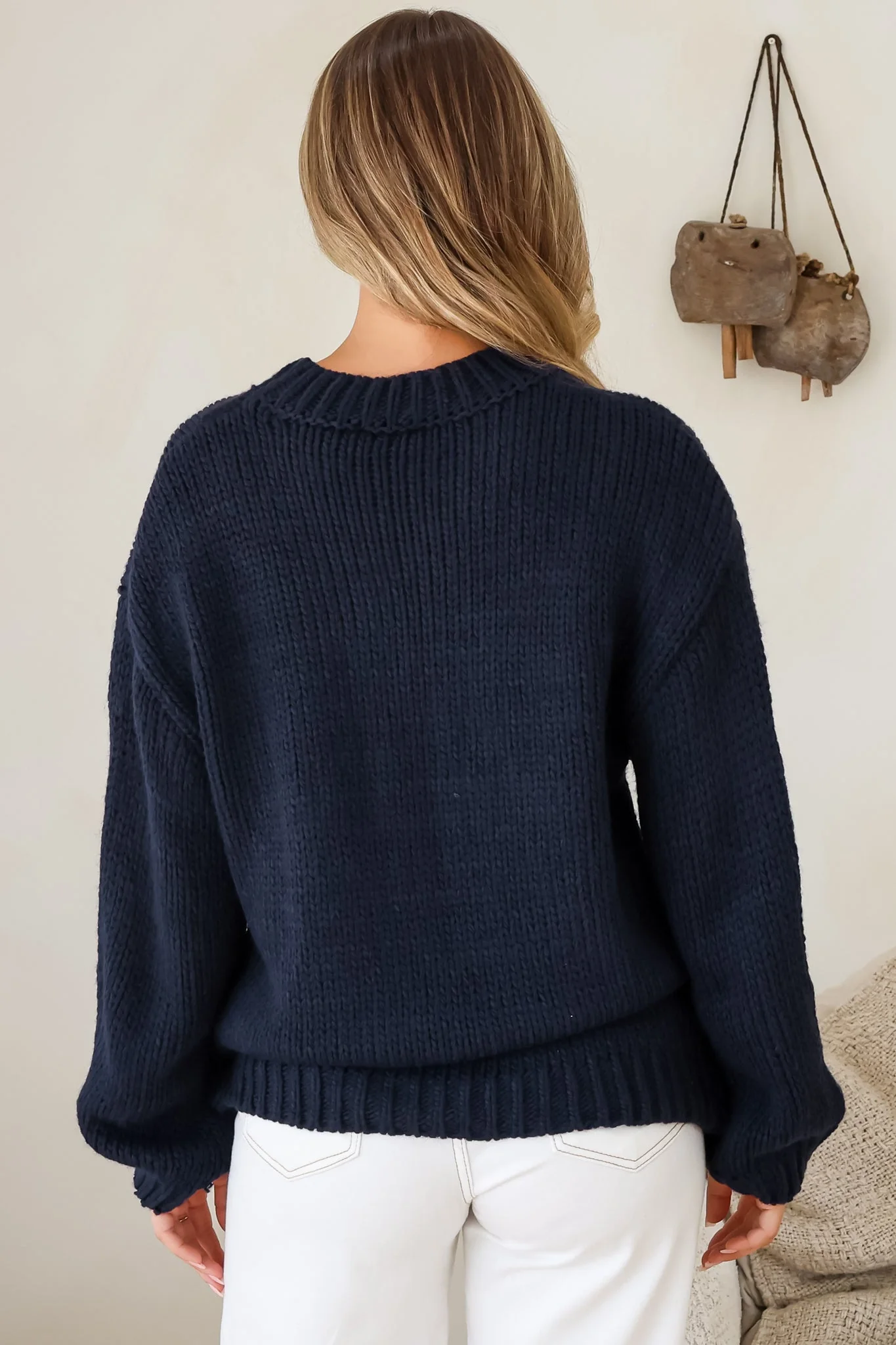 Ma Cherie Jumper - Embroidered Thick Knit with Crew Neck and Long Sleeves in Navy - Image 9