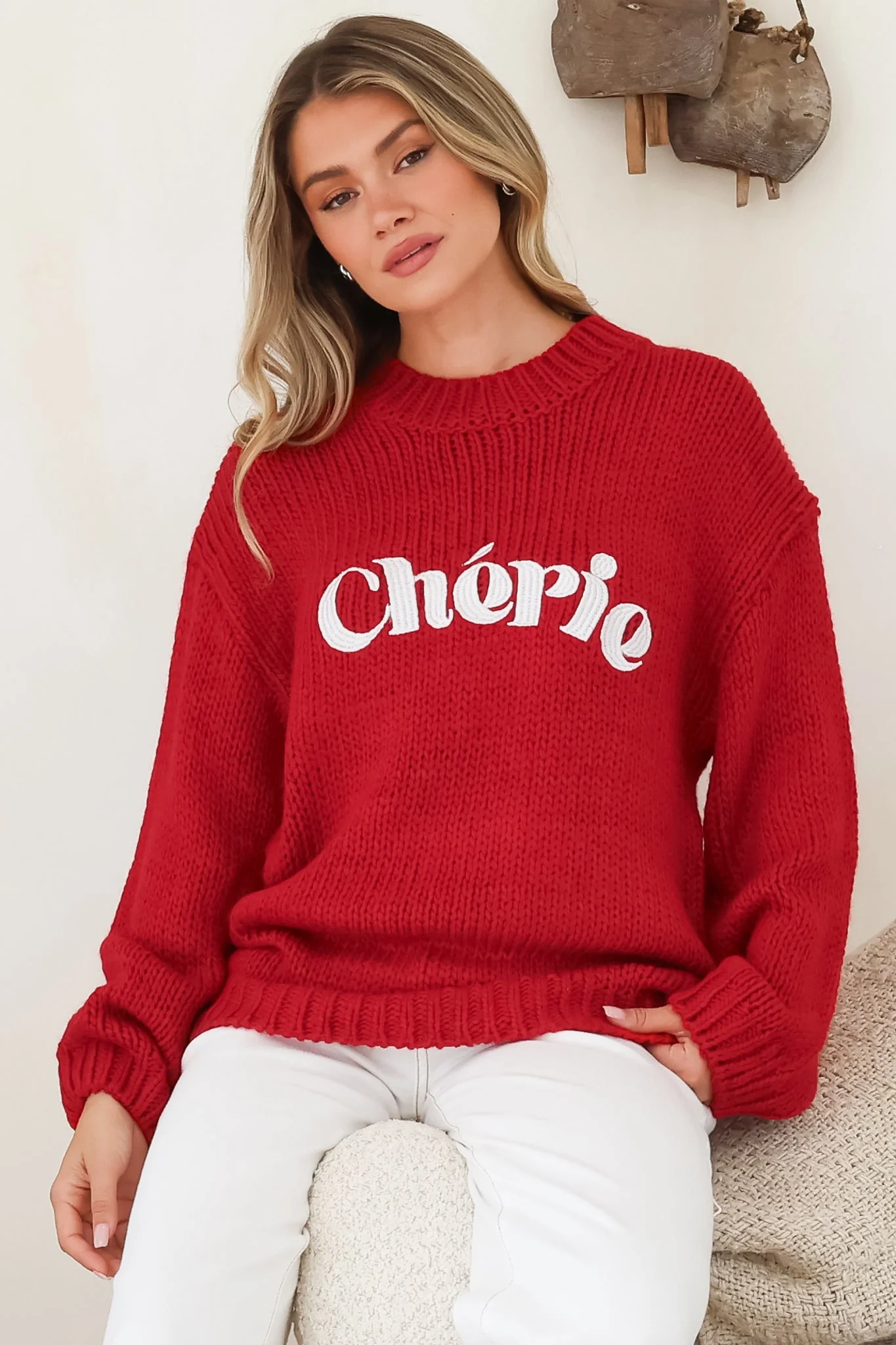 Ma Cherie Jumper - Embroidered Thick Knit with Crew Neck and Long Sleeves in Red