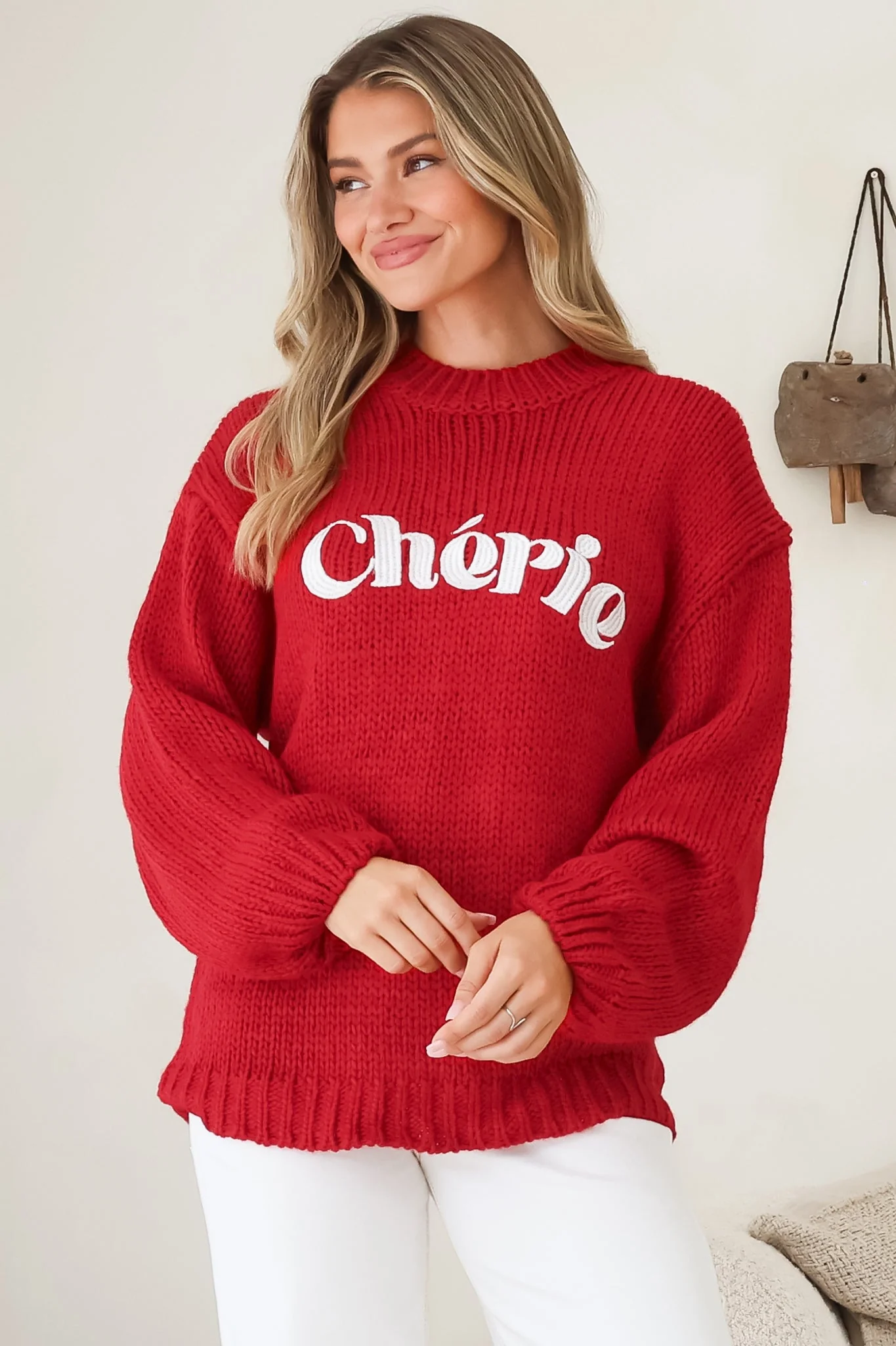 Ma Cherie Jumper - Embroidered Thick Knit with Crew Neck and Long Sleeves in Red - Image 2