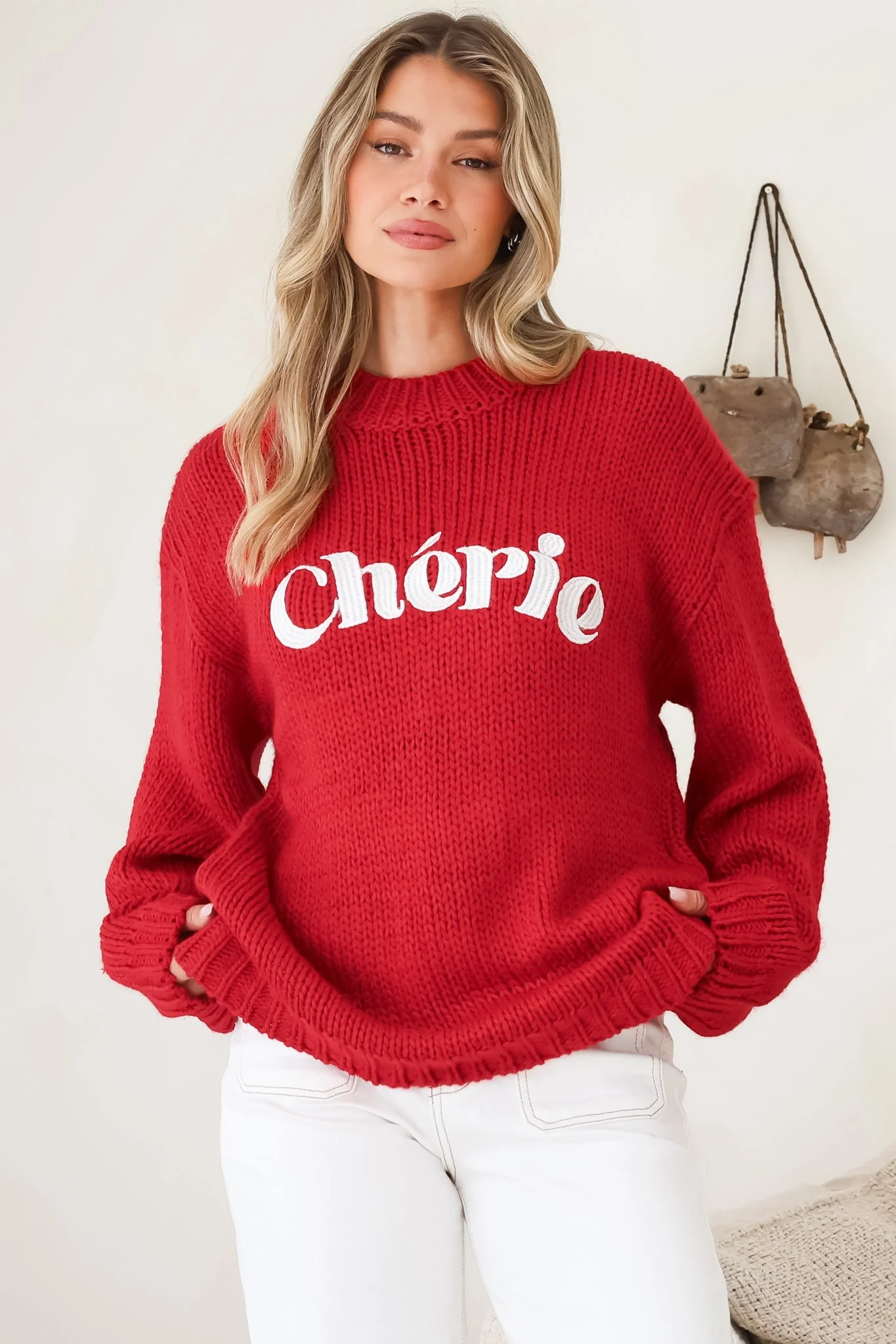 Ma Cherie Jumper - Embroidered Thick Knit with Crew Neck and Long Sleeves in Red - Image 3
