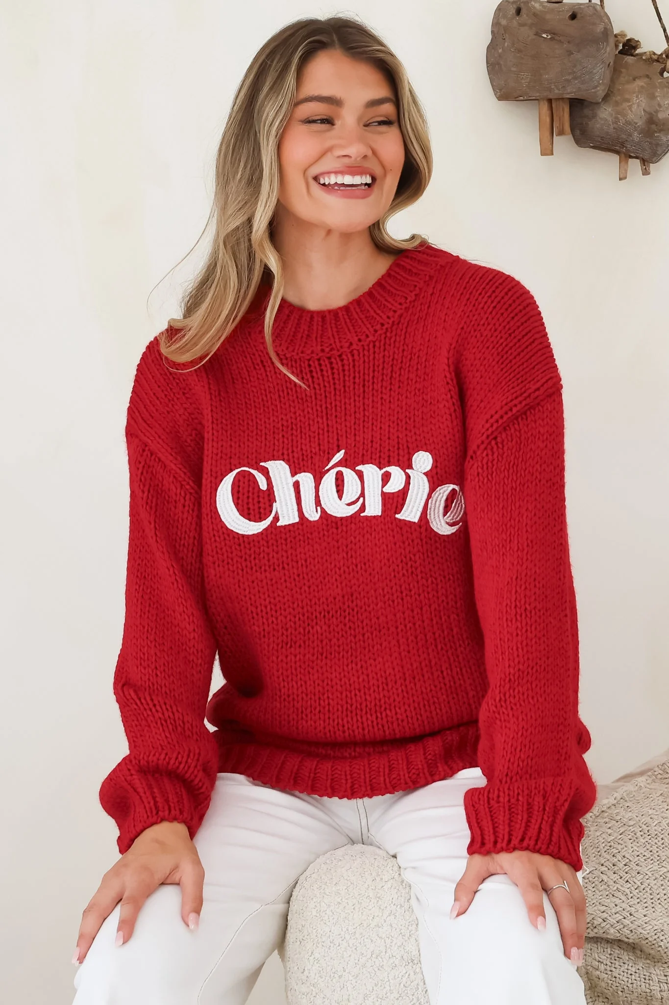 Ma Cherie Jumper - Embroidered Thick Knit with Crew Neck and Long Sleeves in Red - Image 4
