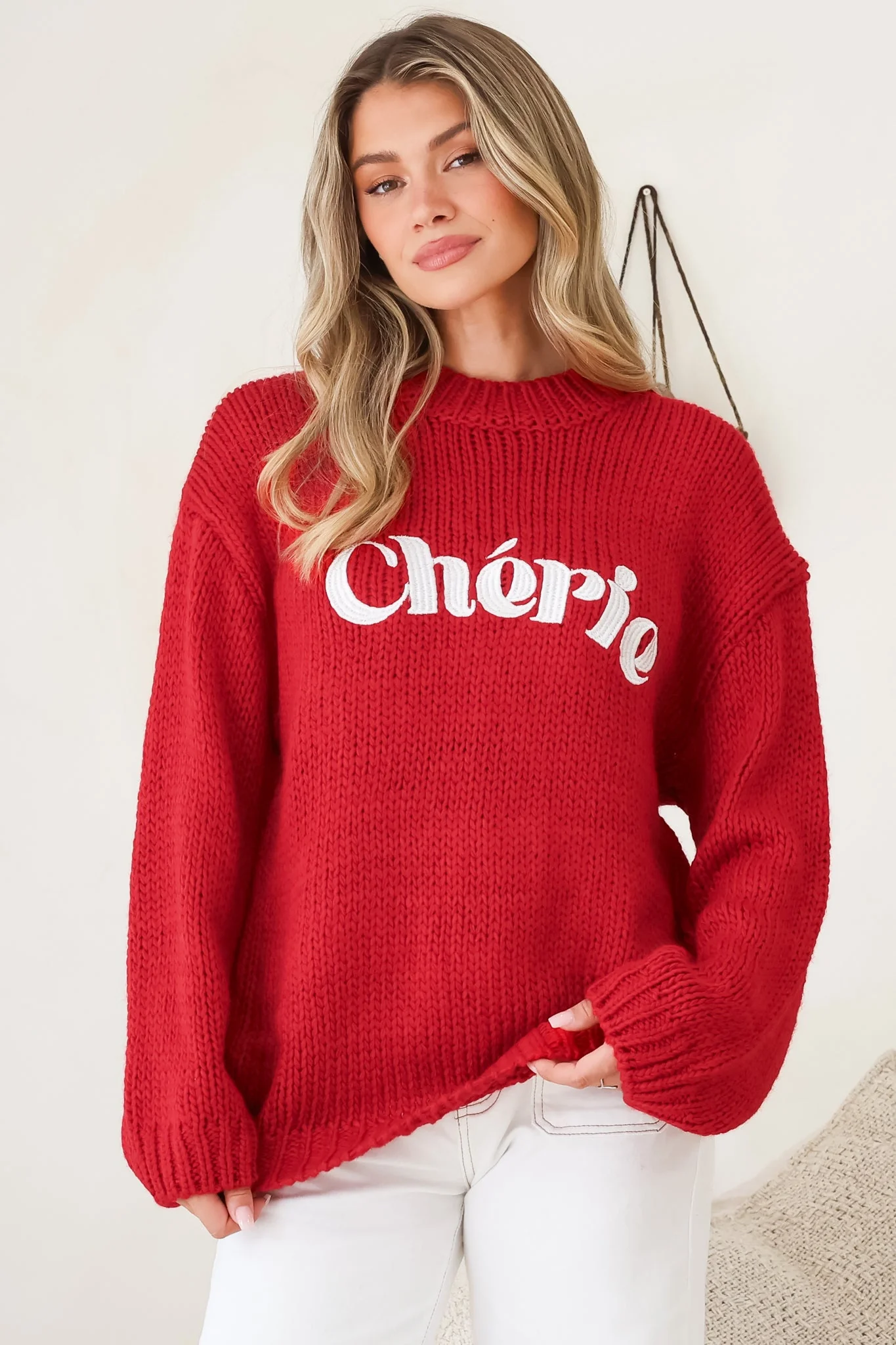 Ma Cherie Jumper - Embroidered Thick Knit with Crew Neck and Long Sleeves in Red - Image 5