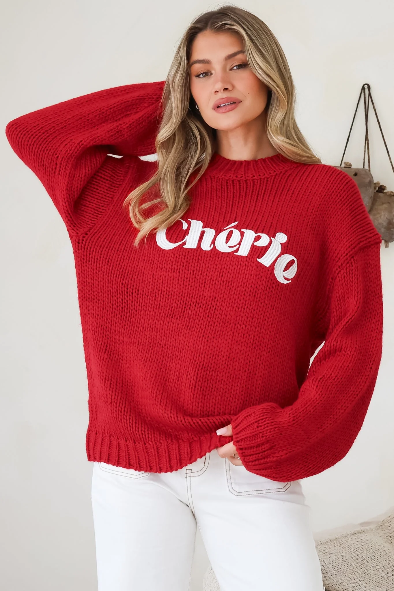 Ma Cherie Jumper - Embroidered Thick Knit with Crew Neck and Long Sleeves in Red - Image 6