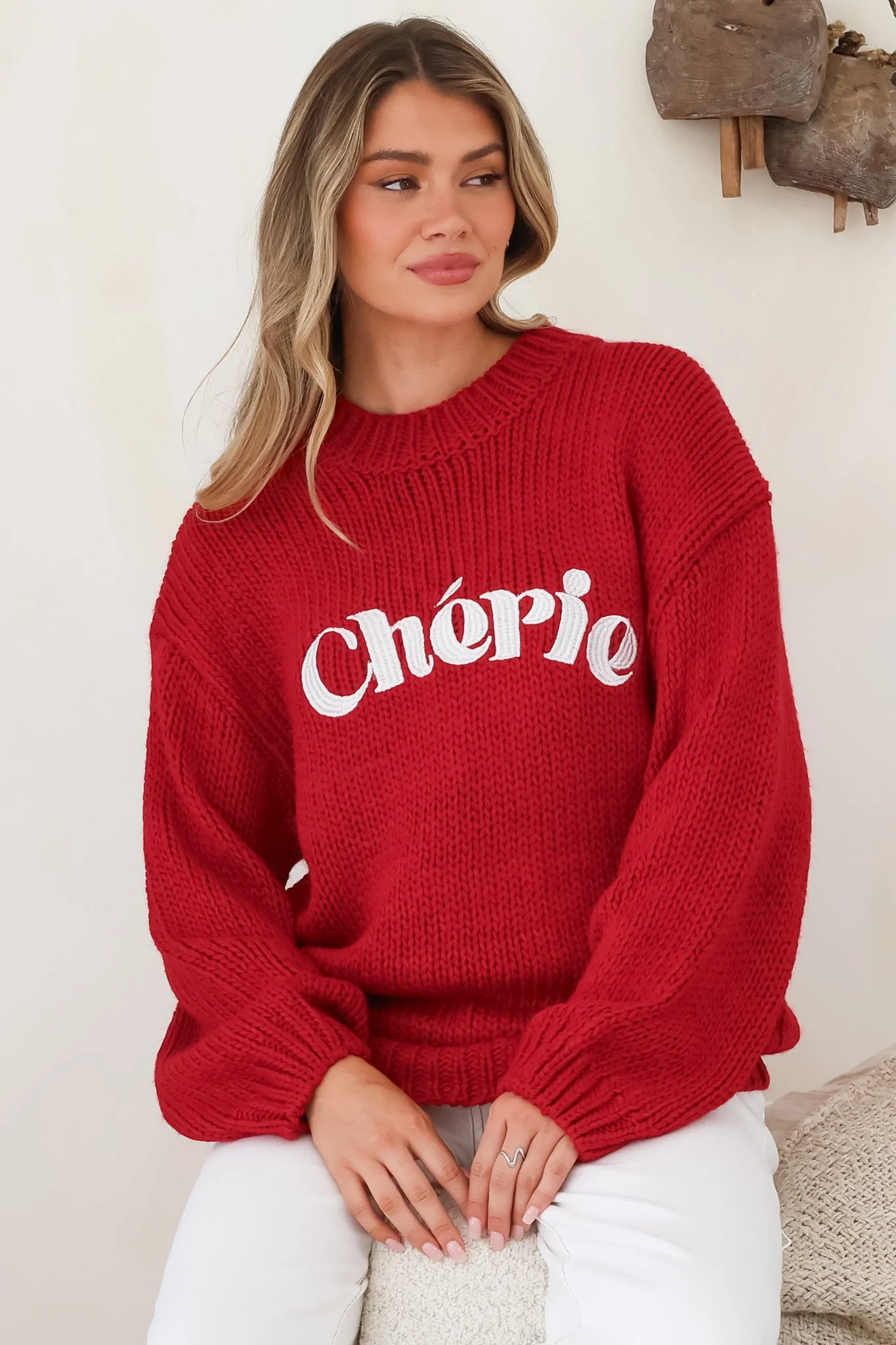 Ma Cherie Jumper - Embroidered Thick Knit with Crew Neck and Long Sleeves in Red - Image 7